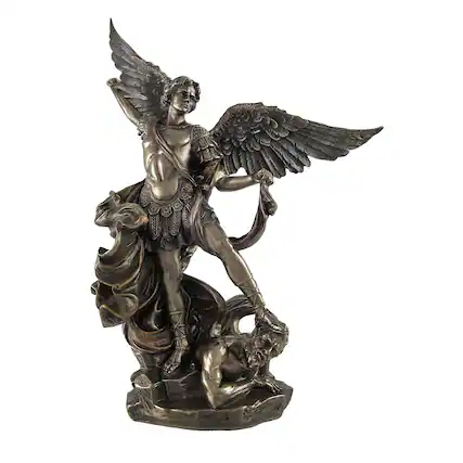 Front. Veronese Design - Bronzed St. Michael Defeating Lucifer Statue 10 In. - Bronze.