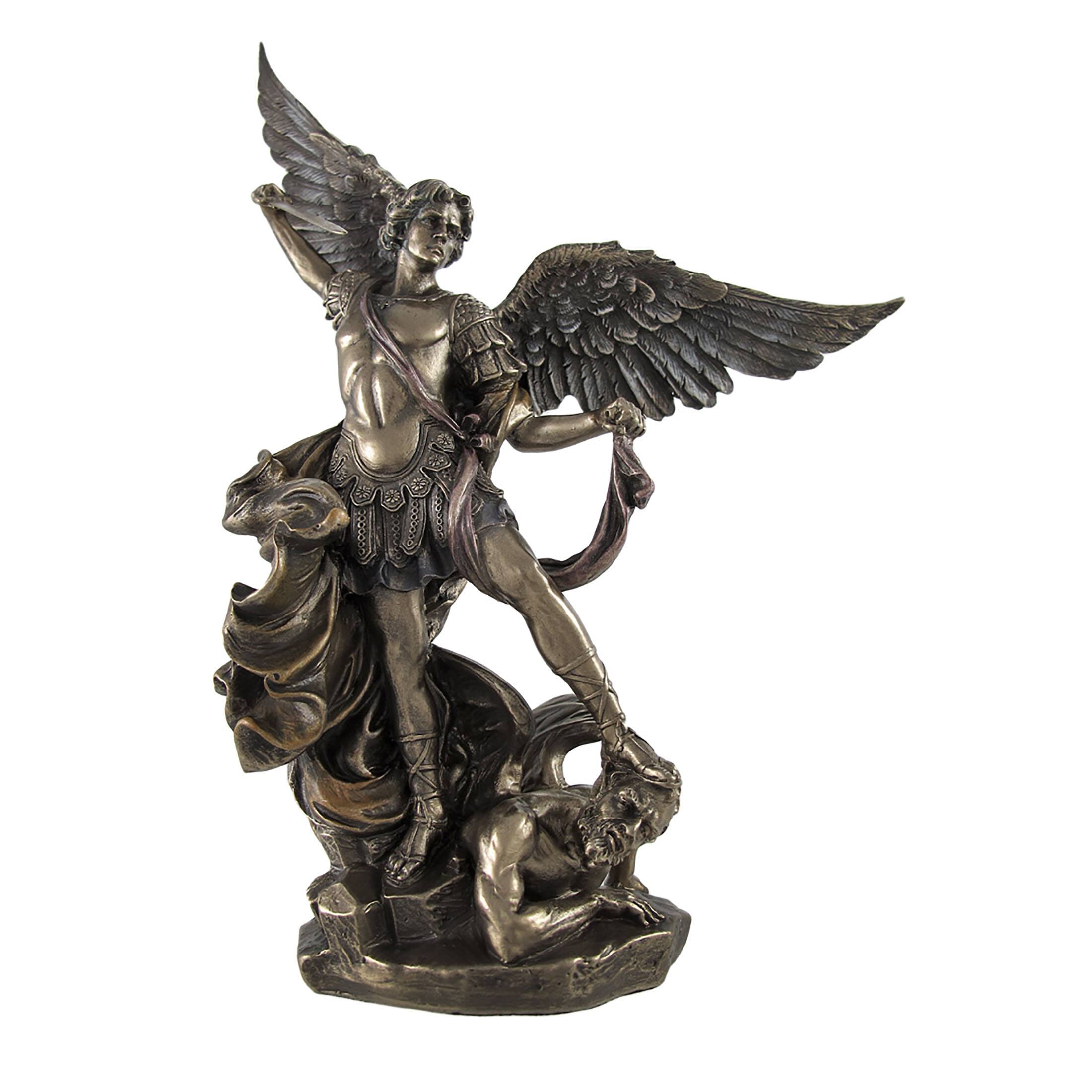 Front. Veronese Design - Bronzed St. Michael Defeating Lucifer Statue 10 In. - Bronze.
