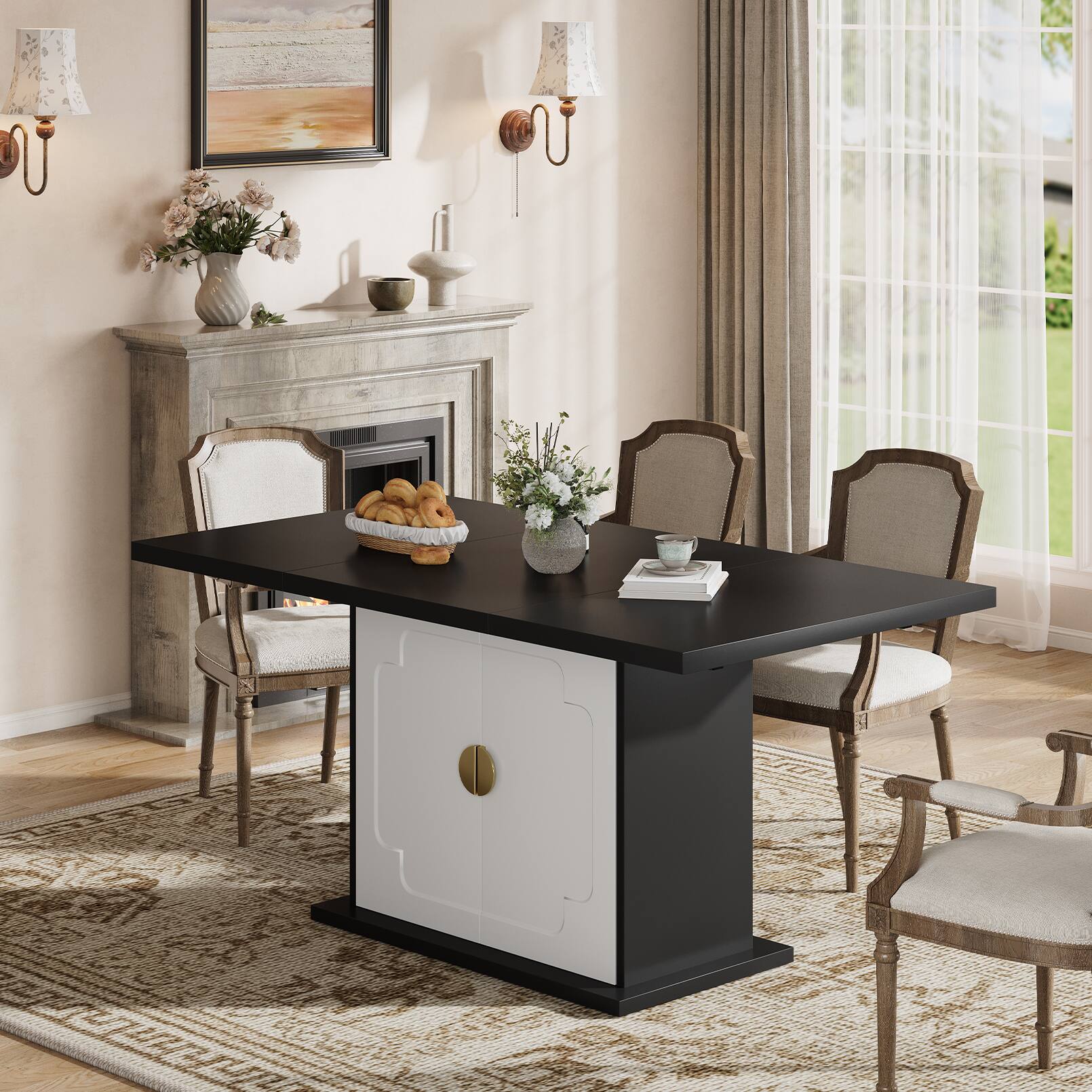 Alt View 3. Anysun - 63" Walnut Dining Table for 4-6 - Rectangular Pedestal Base with Storage Shelves. 63"L x 35.4"W x 30"H - Black.