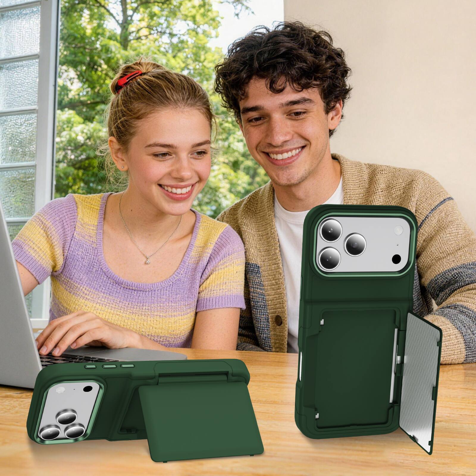 Alt View 2. Dteck - RFID Wallet Case for Apple iPhone 17 Pro, Shockproof Drop Protection Cover with Hidden Card Slot and Kickstand - Green.