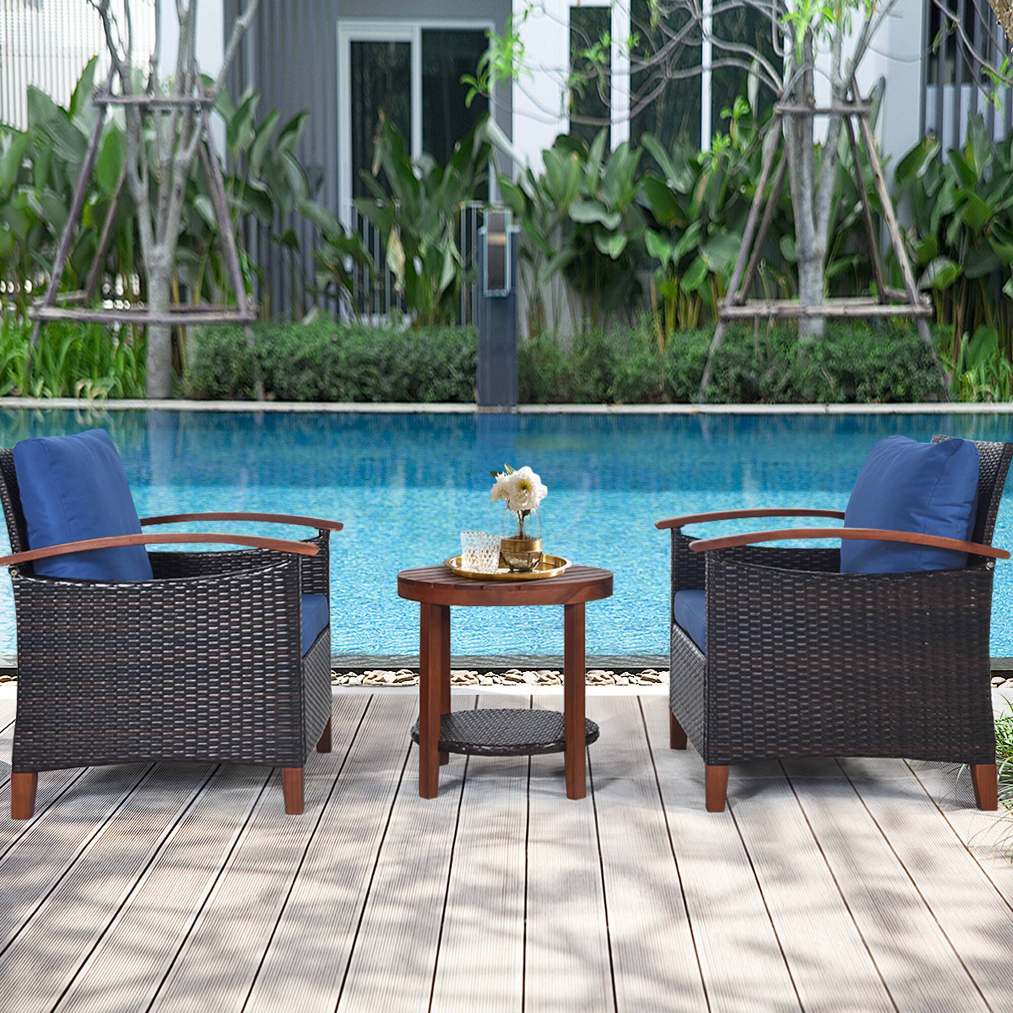 Alt View 3. Gymax - Gymax 3PCS Patio Wicker Rattan Conversation Set Outdoor Furniture Set w/ Cushion - as pic.