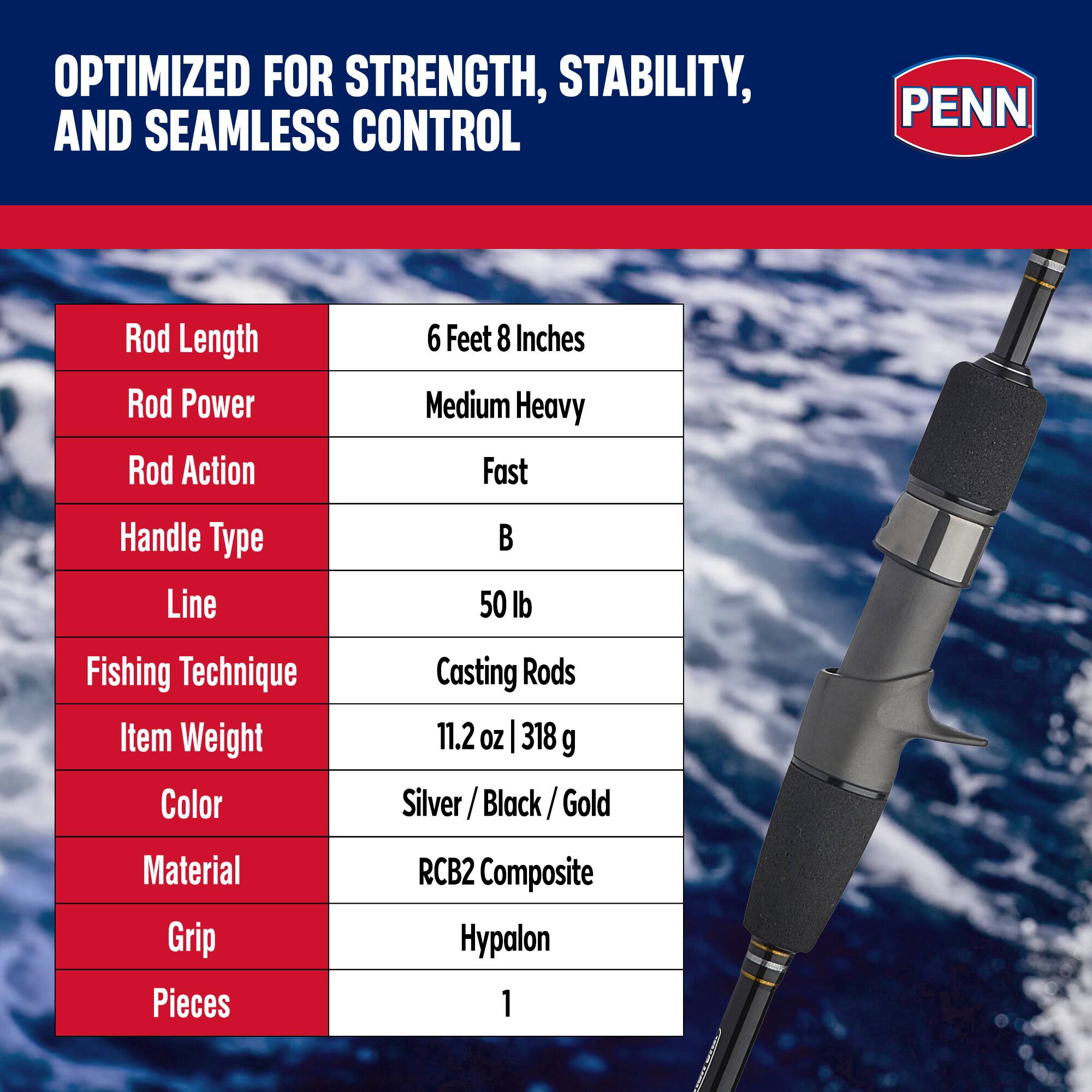 OPTIMIZED FOR STRENGTH, STABILITY, AND SEAMLESS CONTROL

PENN

Rod Length: 6 Feet 8 Inches  
Rod Power: Medium Heavy  
Rod Action: Fast  
Handle Type: B  
Line: 50 lb  
Fishing Technique: Casting Rods  
Item Weight: 11.2 oz | 318 g  
Color: Silver / Black / Gold  
Material: RCB2 Composite  
Grip: Hypalon  
Pieces: 1