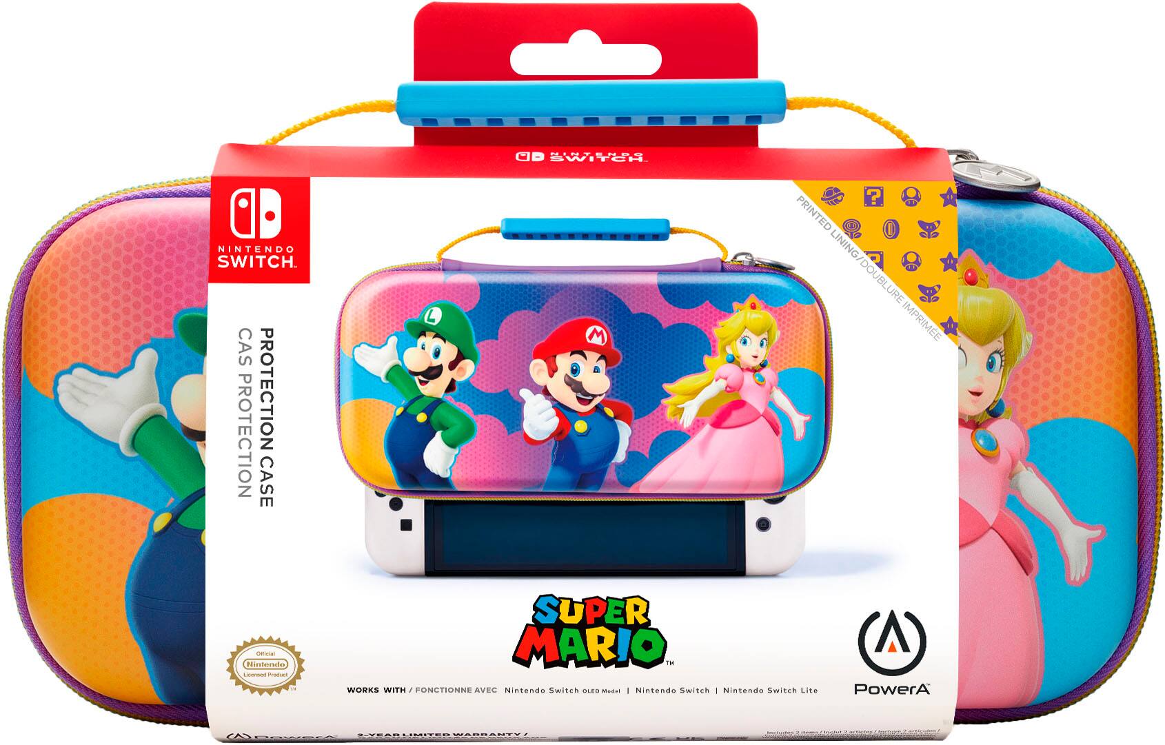 The image features a Nintendo Switch game console, which is a handheld gaming device. The console is displayed in a protective case, which is designed to keep the device safe and secure. The case is decorated with various colorful characters, including Super Mario and Princess Peach, adding a fun and vibrant touch to the product. The Nintendo Switch is a versatile gaming system that offers a wide range of games and experiences for players of all ages and interests.
