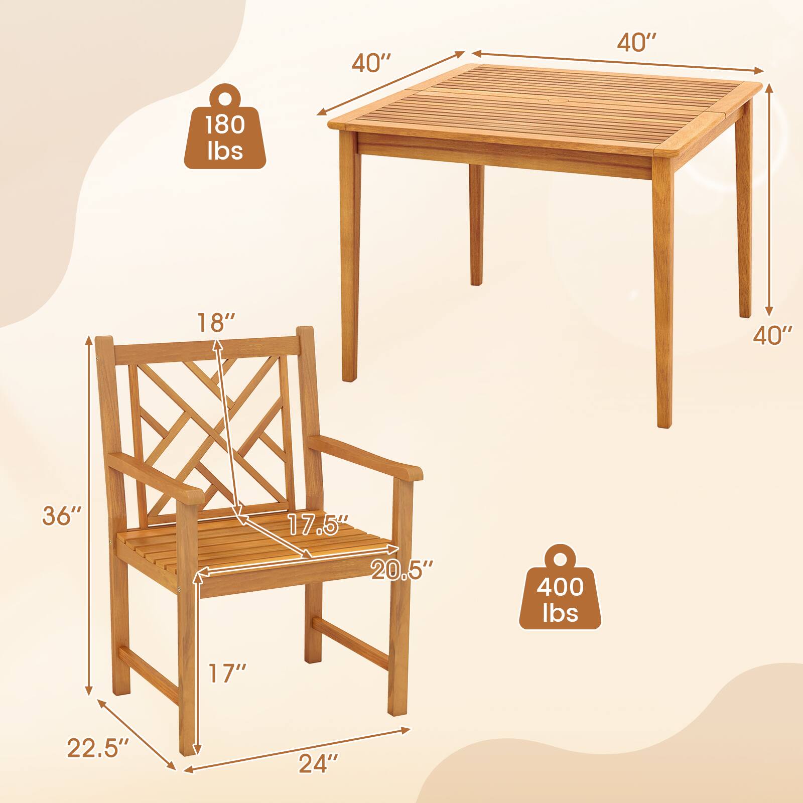 - Table: 40" x 40" x 40" (height)
- Chair: 36" x 24" x 22.5" (height)
- Table weight capacity: 180 lbs
- Chair weight capacity: 400 lbs