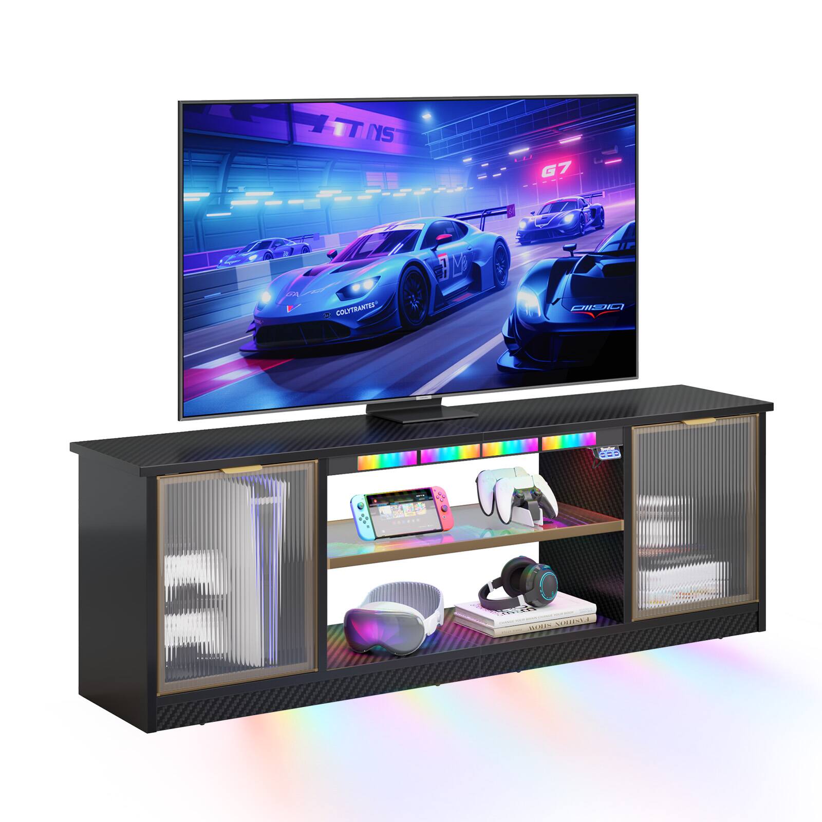 Bestier - 57-inch Gaming TV Stand with RGB Music Sync Lights, Aluminum Frames & Cable Management - Black Carbon Fiber