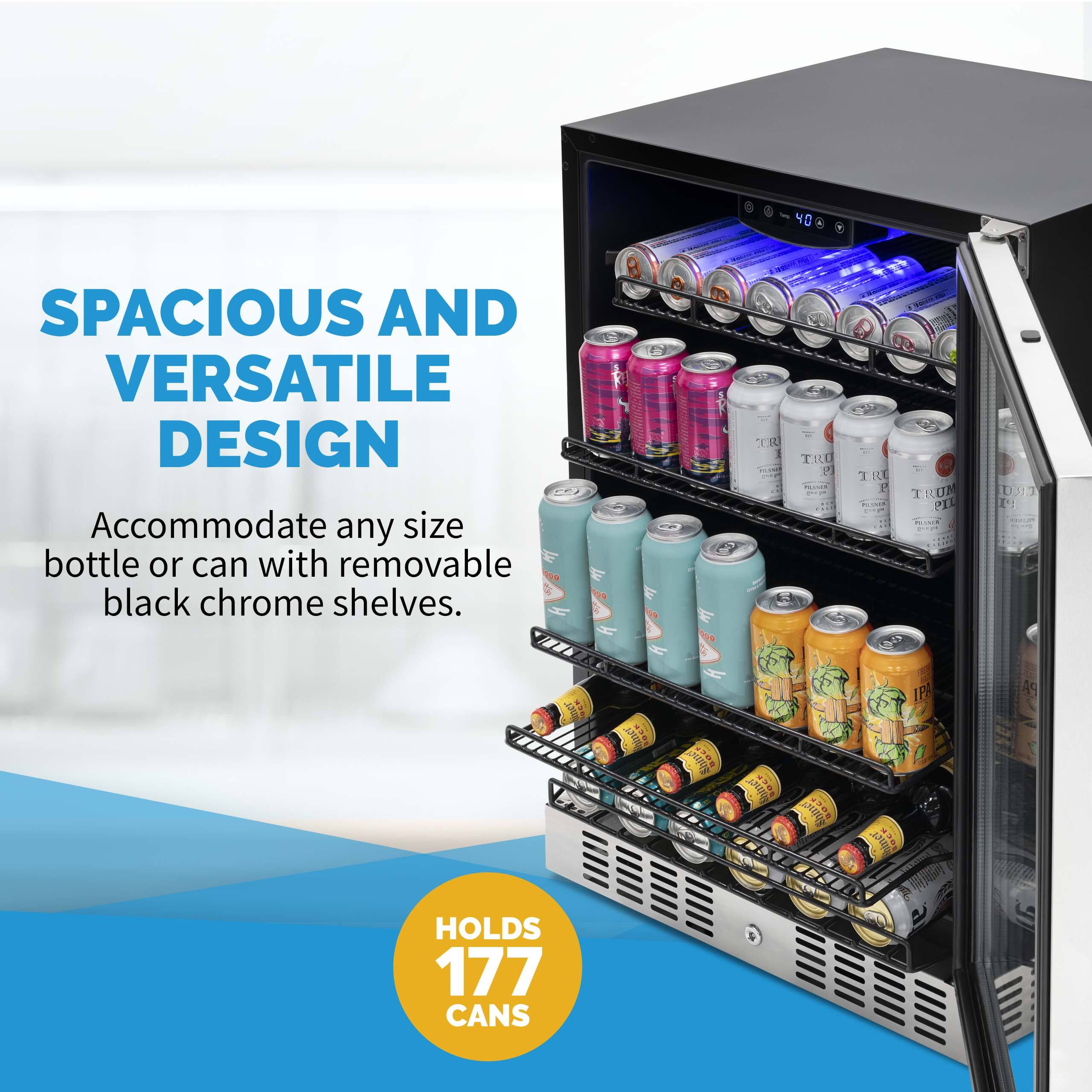 The text on the image reads: "40 Spacious and Versatile Design - Accommodate any size bottle or can with removable black chrome shelves. Holds 177 Cans."