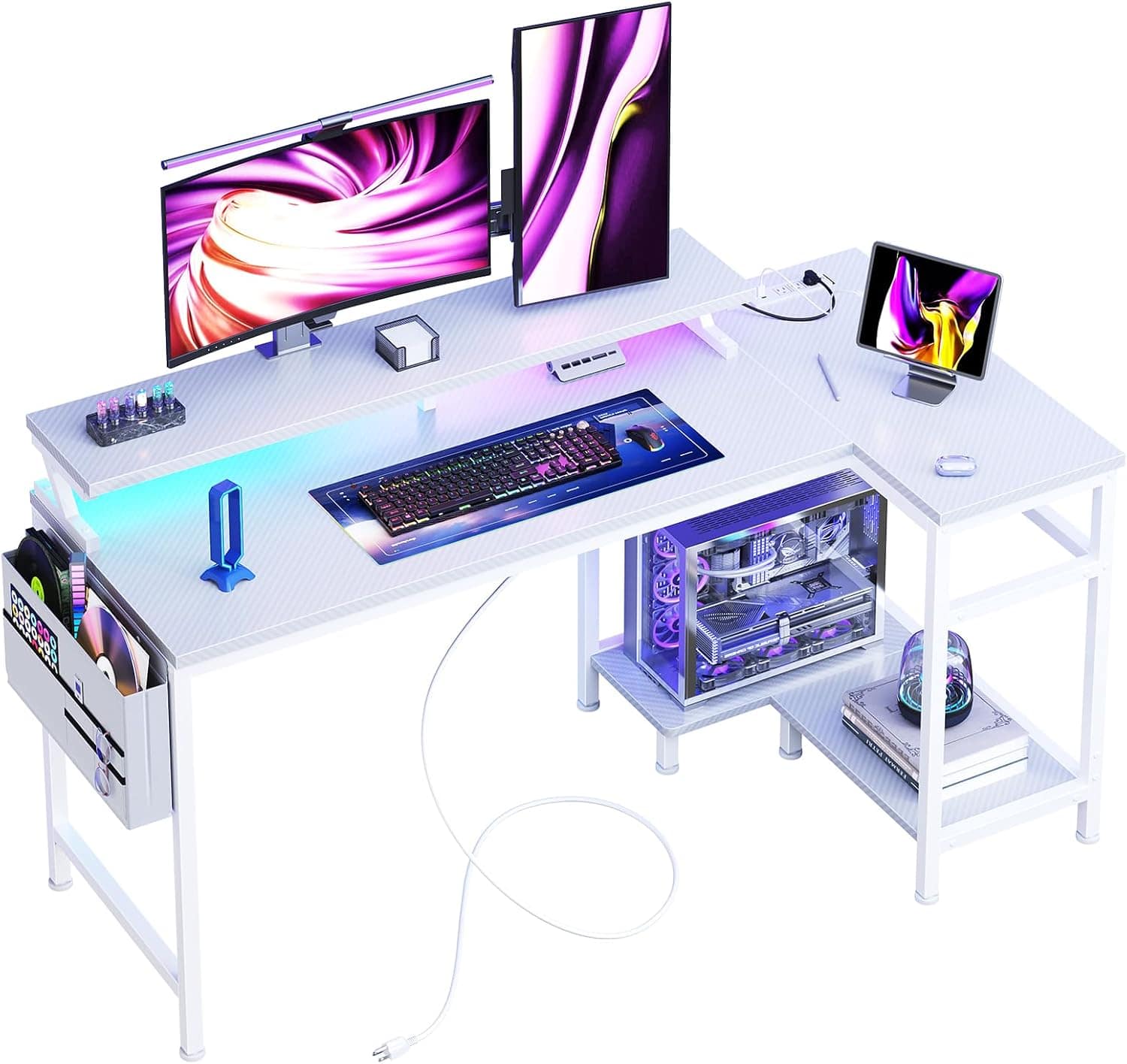 Sweet - 48" Gaming Desk with RGB Lights, L Shaped Computer Desk with Power Outlets, File Pockets & Monitor Stand - White