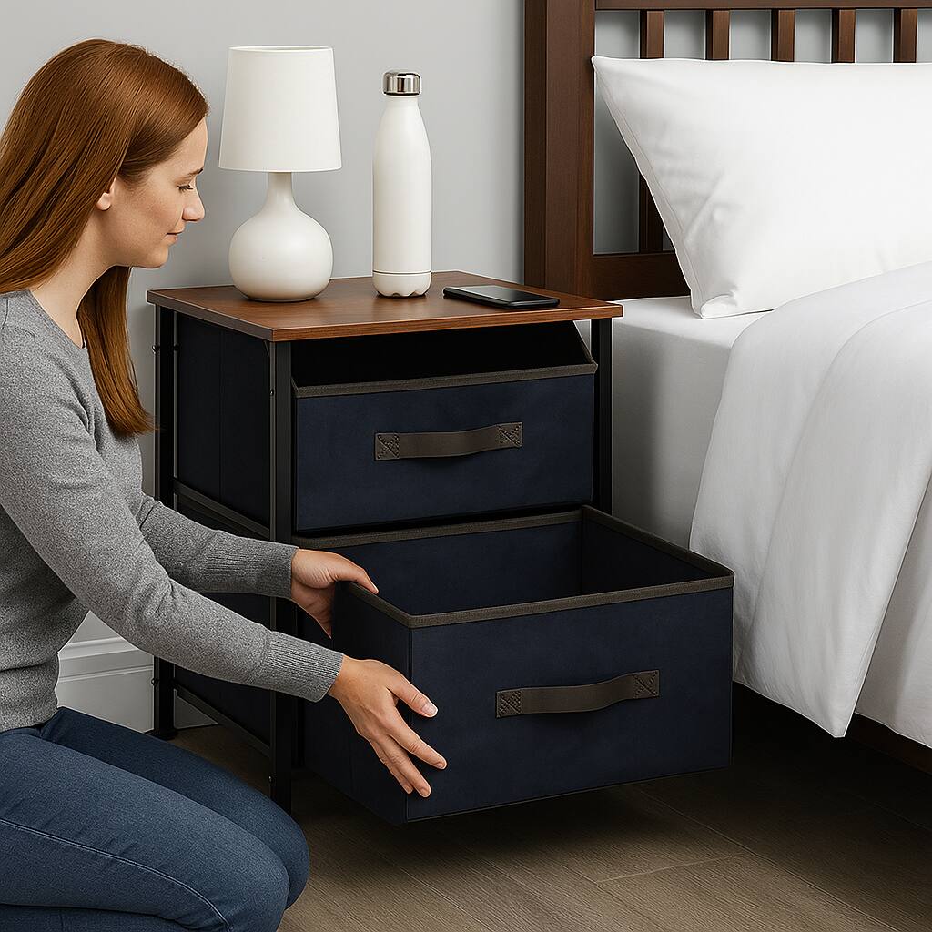 Angle. Hivvago - Compact Industrial Nightstand with Dual Pull-Out Fabric Bins - Rustic Brown.