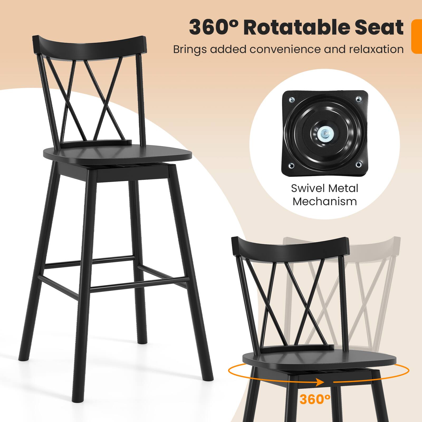 360° Rotatable Seat brings added convenience and relaxation. Swivel Metal Mechanism.