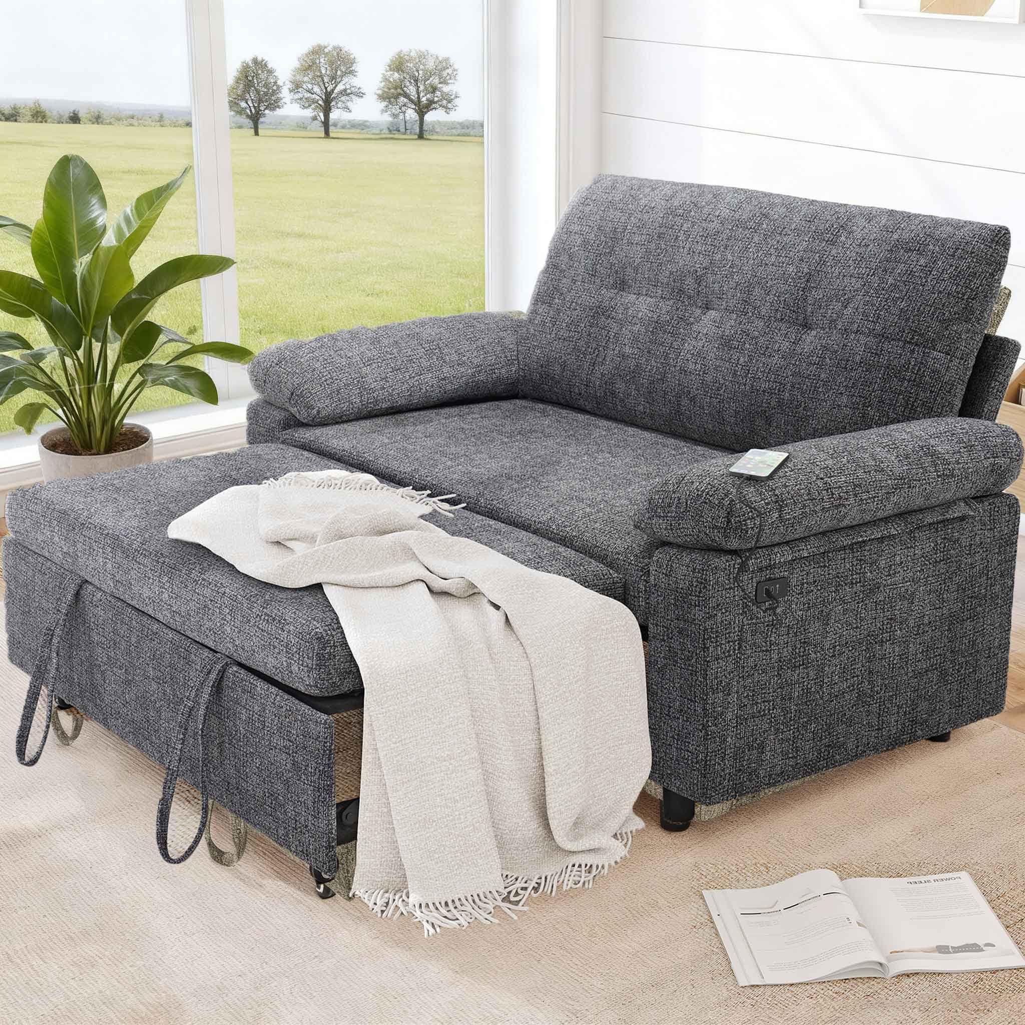 Front. Vipbear - Vipbear 3-in-1 Convertible Sofa Bed, Pull Out Sleeper Sofa with USB Charging Station & Adjustable Backrest,Dark Gray - Gray.