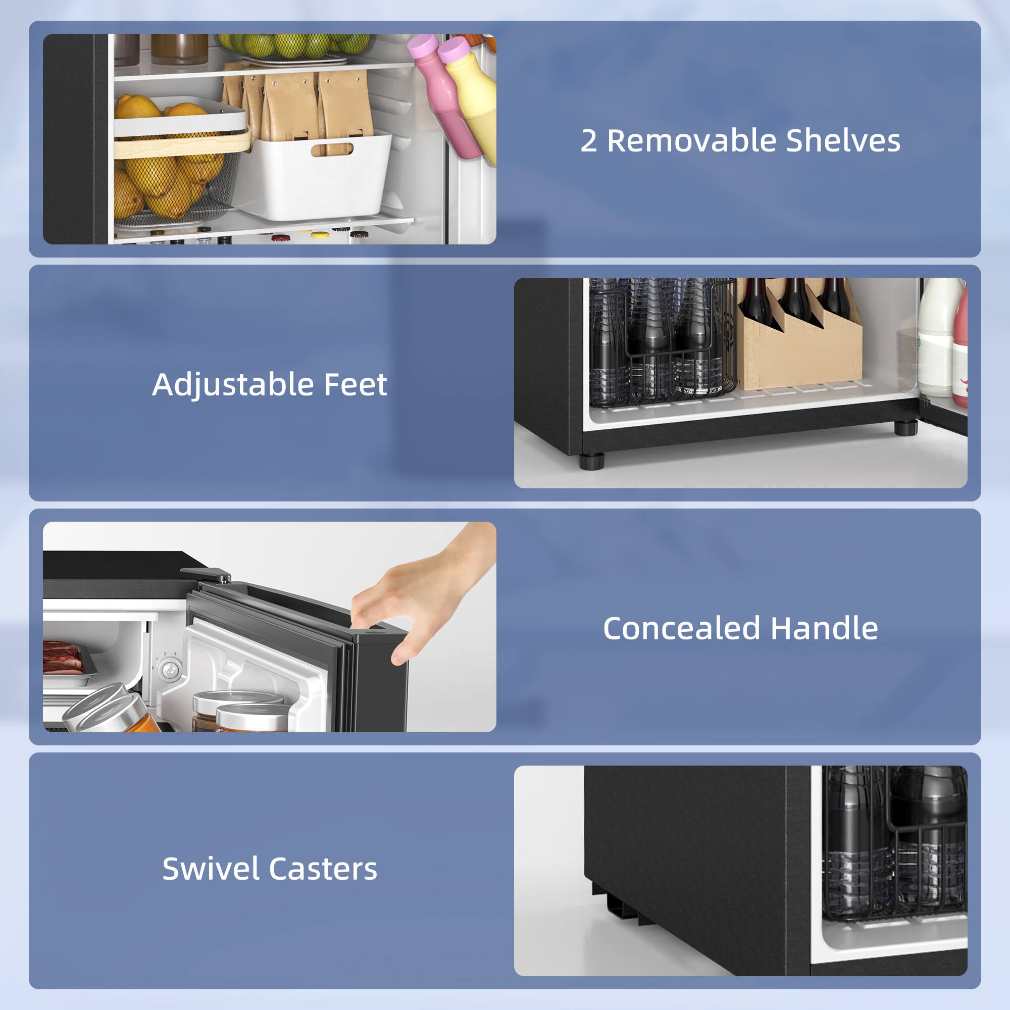 2 Removable Shelves, Adjustable Feet, Concealed Handle, Swivel Casters