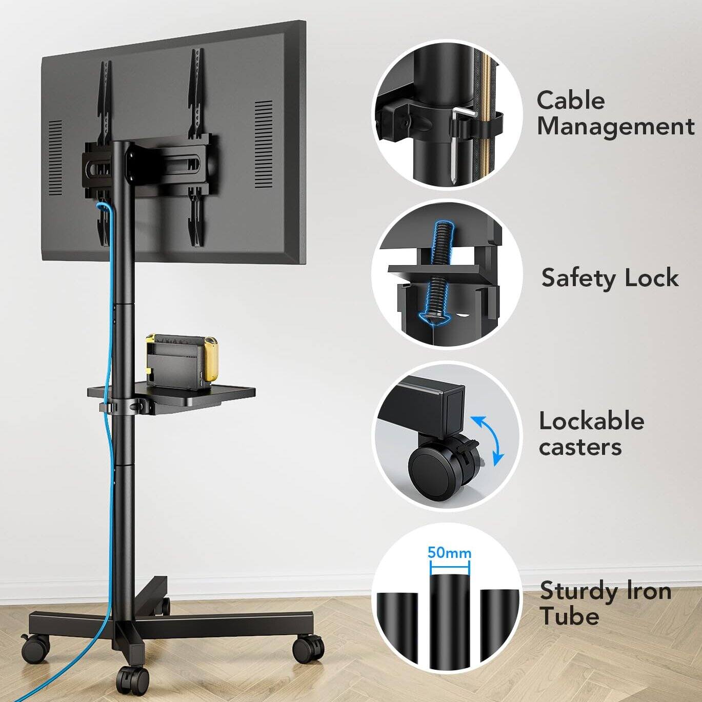Cable Management  
Safety Lock  
Lockable casters  
50mm Sturdy Iron Tube