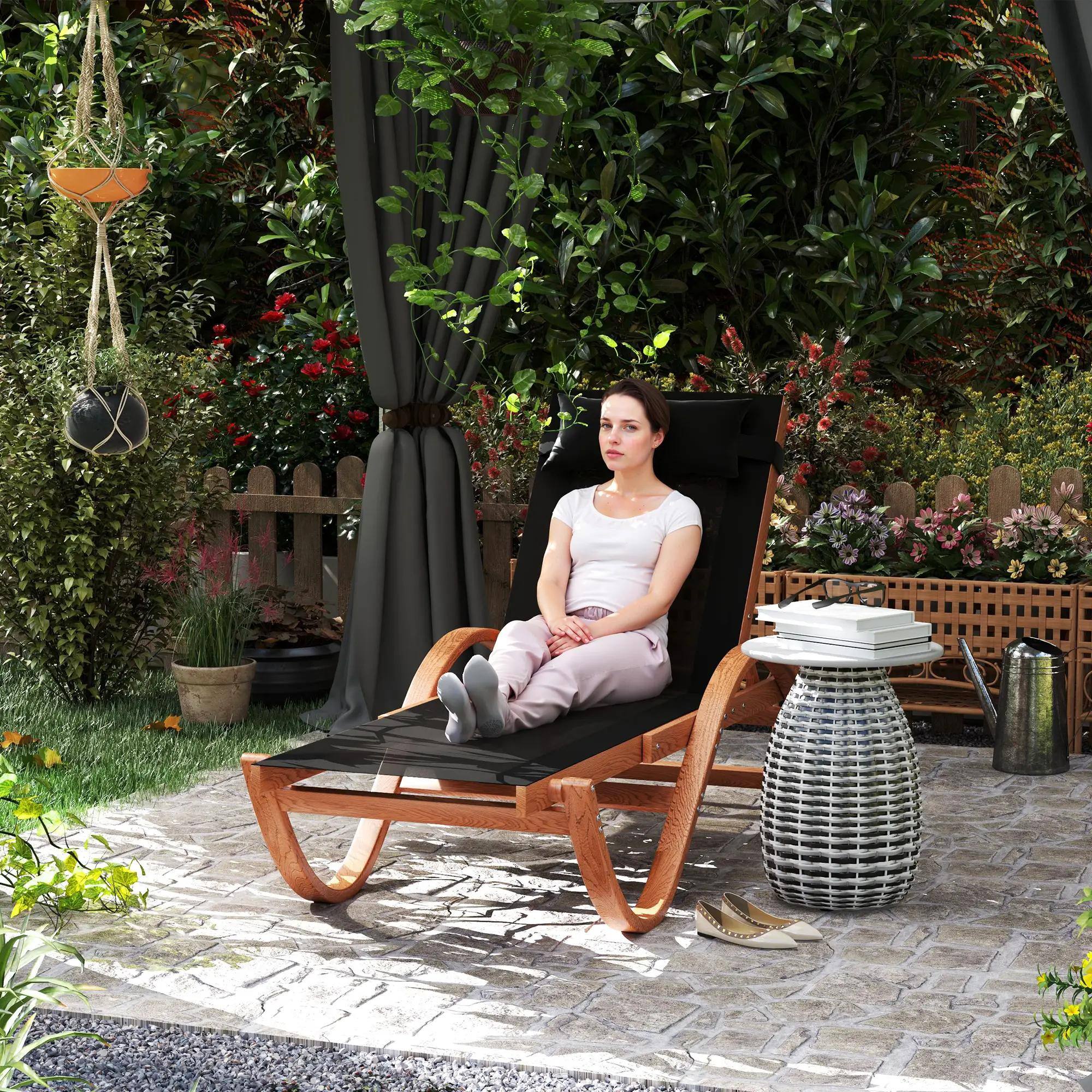 Back. Resenkos - Resenkos Larch Wood Tanning Lounger, 4-Level Adjustable Comfort Chair, Full Flat Patio Relaxer, Black - Black.