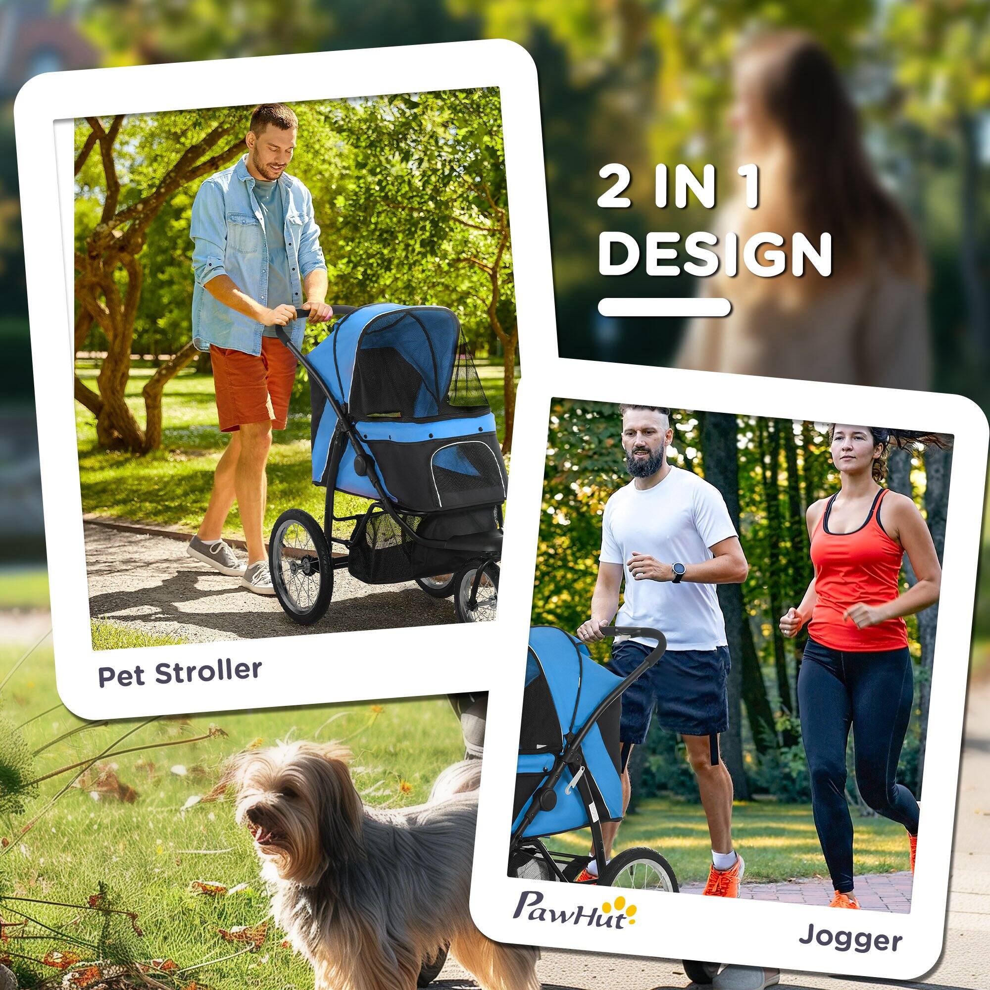 Alt View 1. Pawhut - 3 Wheels Pet Stroller for Small & Medium Dogs, Foldable Cat Jogger with Adjustable Canopy, Safety Tether, Cushion.