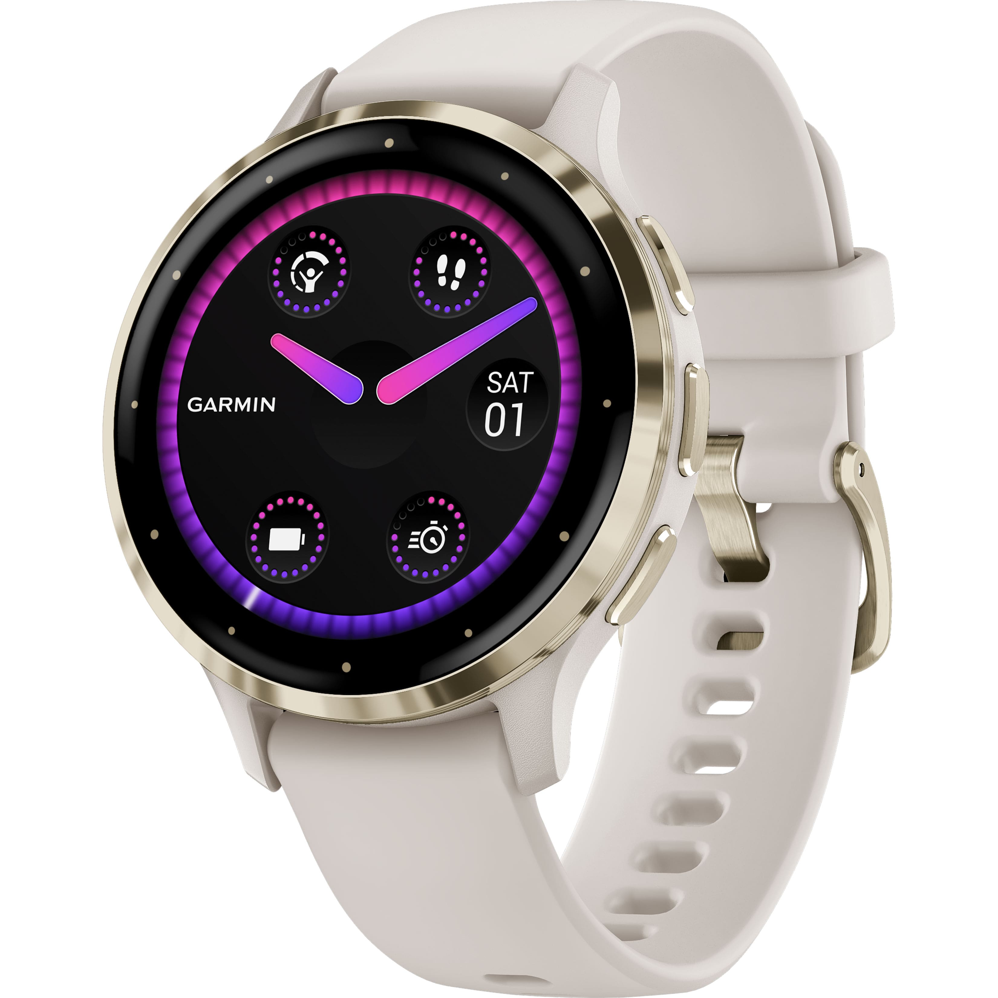 The image shows a white Garmin watch with a purple face. The watch has a purple and pink clock face, and it is set to Saturday. The watch is designed to be worn on the wrist and is a part of the Garmin brand.