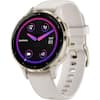 The image shows a white Garmin watch with a purple face. The watch has a purple and pink clock face, and it is set to Saturday. The watch is designed to be worn on the wrist and is a part of the Garmin brand.