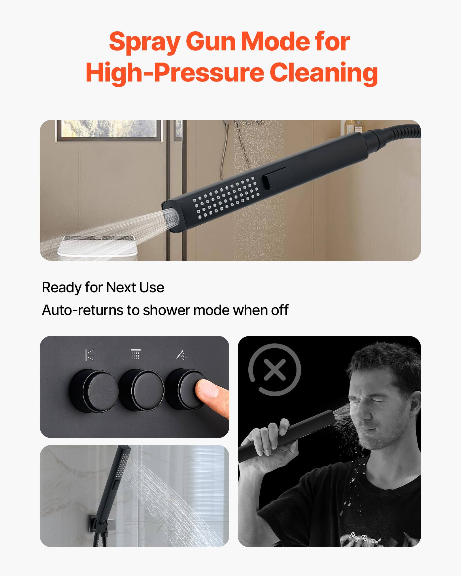Spray Gun Mode for High-Pressure Cleaning

Ready for Next Use  
Auto-returns to shower mode when off