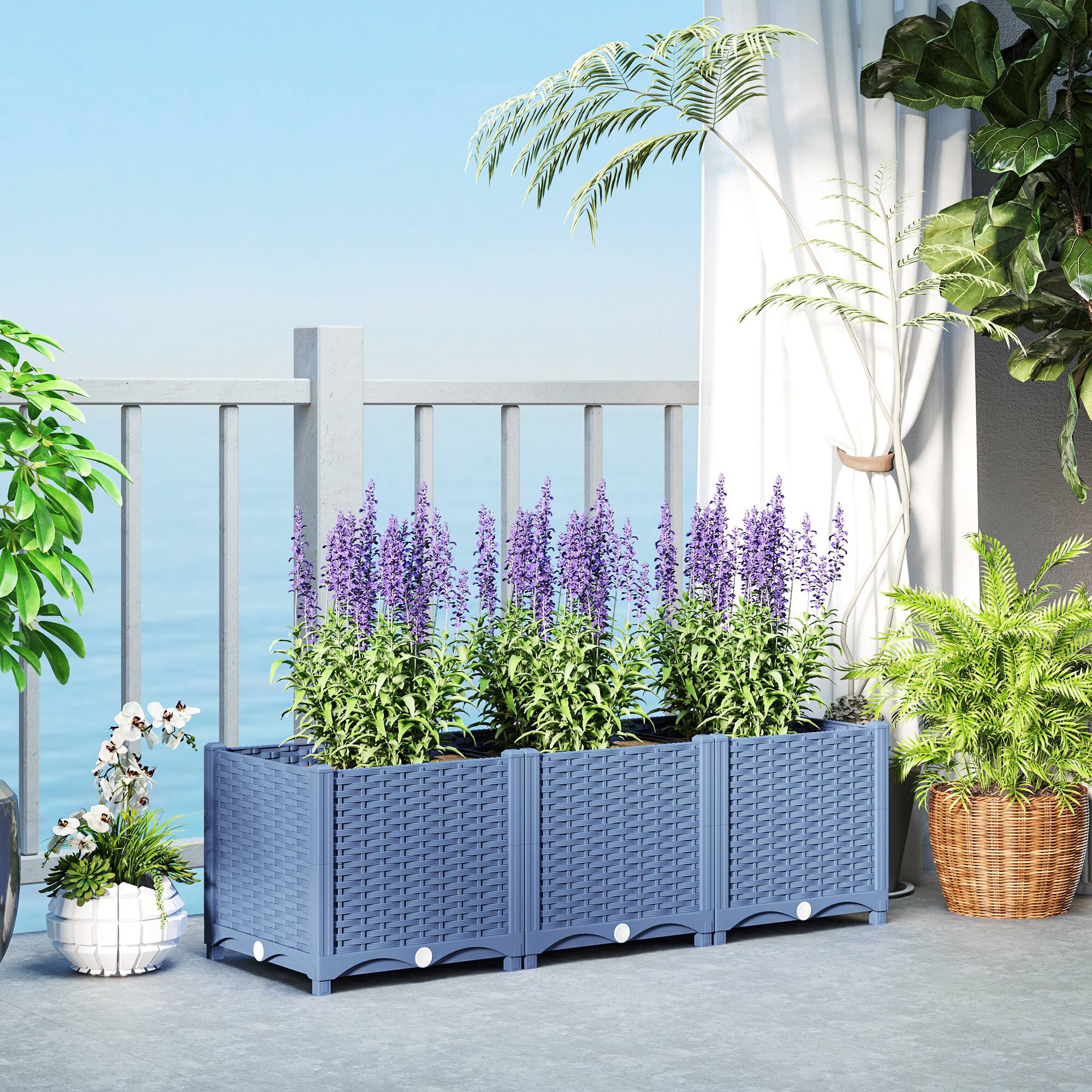 Alt View 1. Outsunny - 4 x 1 x 1 ft Raised Garden Bed, Indoor Outdoor Plastic Planter Box with Drainage Holes, Drain Plugs and Water Reservoirs - Blue.