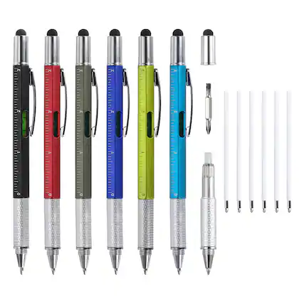 Front. Unique Bargains - 48pcs 6 in 1 Multitool Tech Tool Pen with Ballpoint Pen, Ruler, Screwdriver, Stylus, Level Gauge, Refills for Christmas - Multicolor.