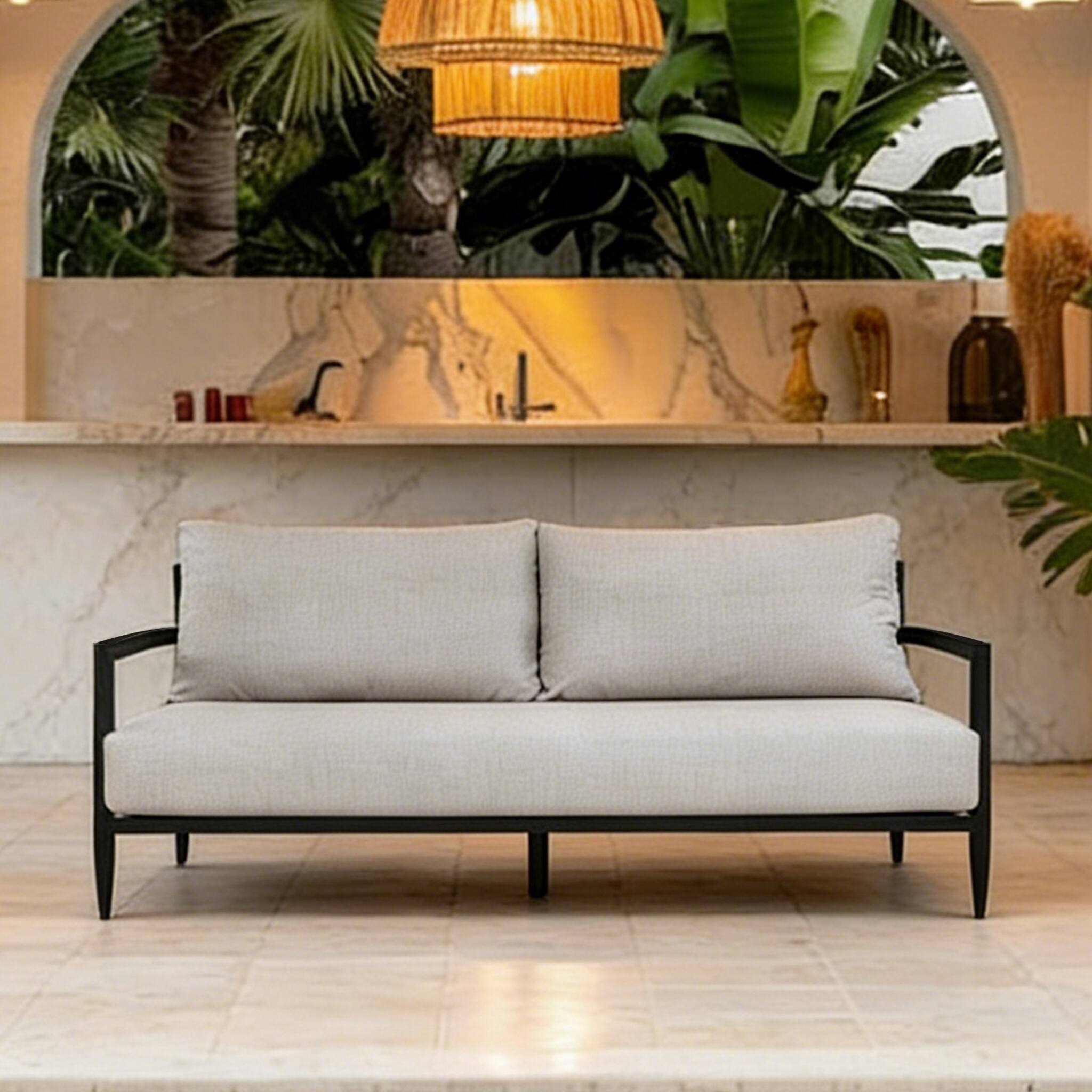 Left. Mondawe - Outdoor Fully Weld Bench Seat Sofa with Premium Aluminum Frame and Sunbrella Cushion - Ember Black+Grey.