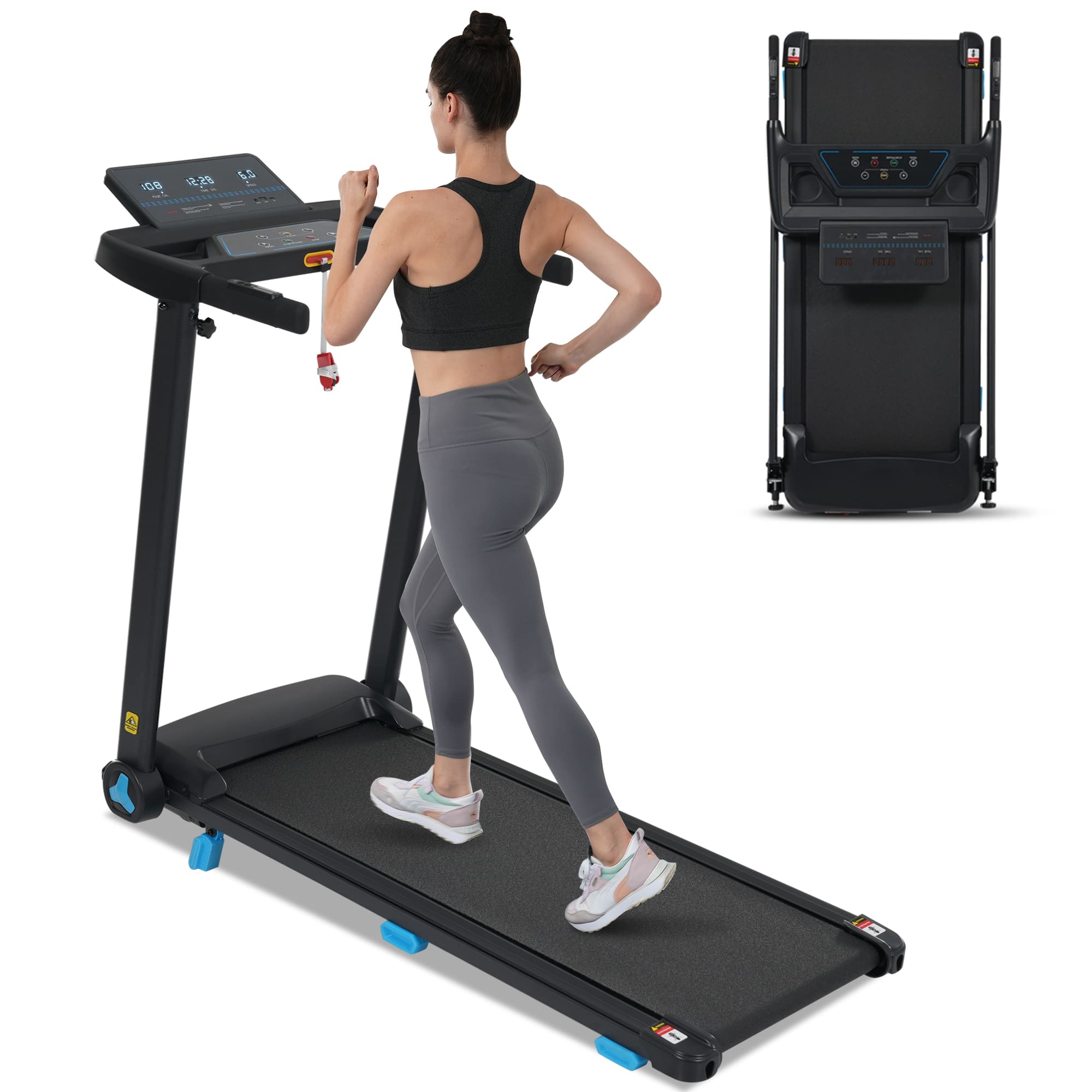 Tiramisubest - Foldable Home Treadmill with Incline, 3.0HP Motor, 10MPH Speed, 300LBS Capacity, Heart Rate Sensors, USB & Bluetooth - Black