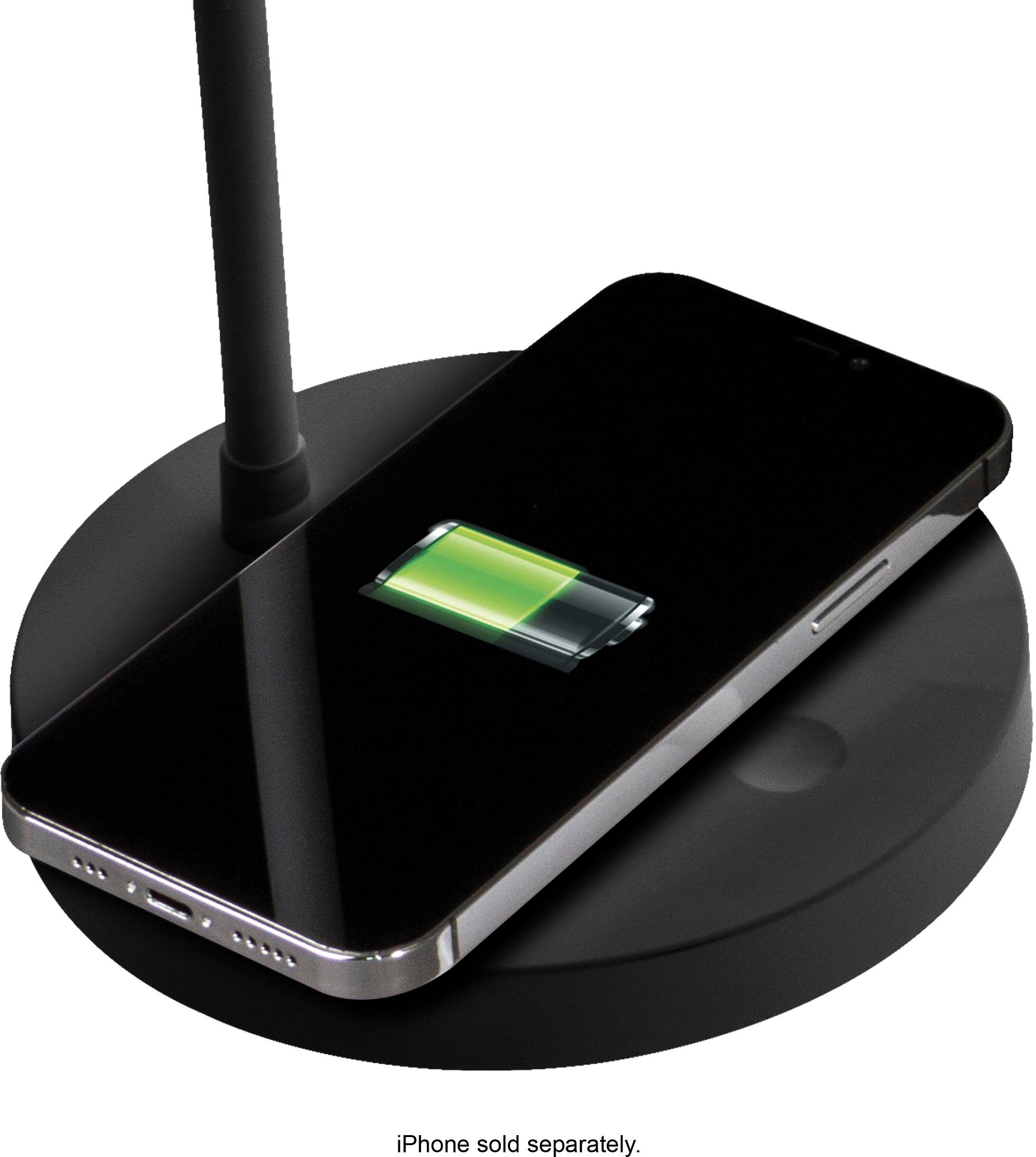 The image shows a black iPhone with a green light on the screen, placed on a black stand. The stand has a black antenna attached to it. The text on the image reads, "iPhone sold separately."