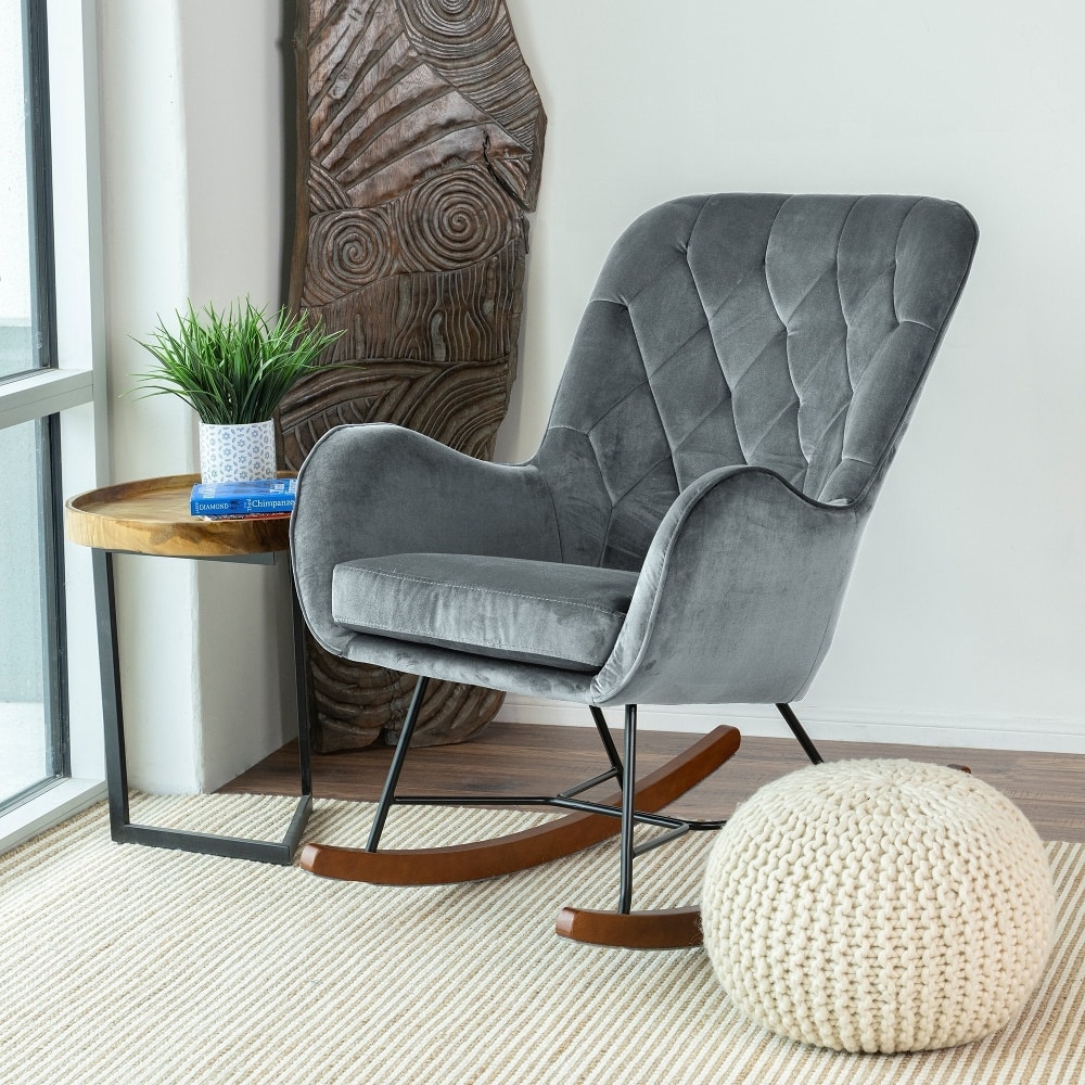 Loheer - Mid Century Modern Rocking Chair Dark Grey Nursery Rocker Plush Cushion Armchair for Bedroom Living Room - Dark Gray price history on PriceWatchPro