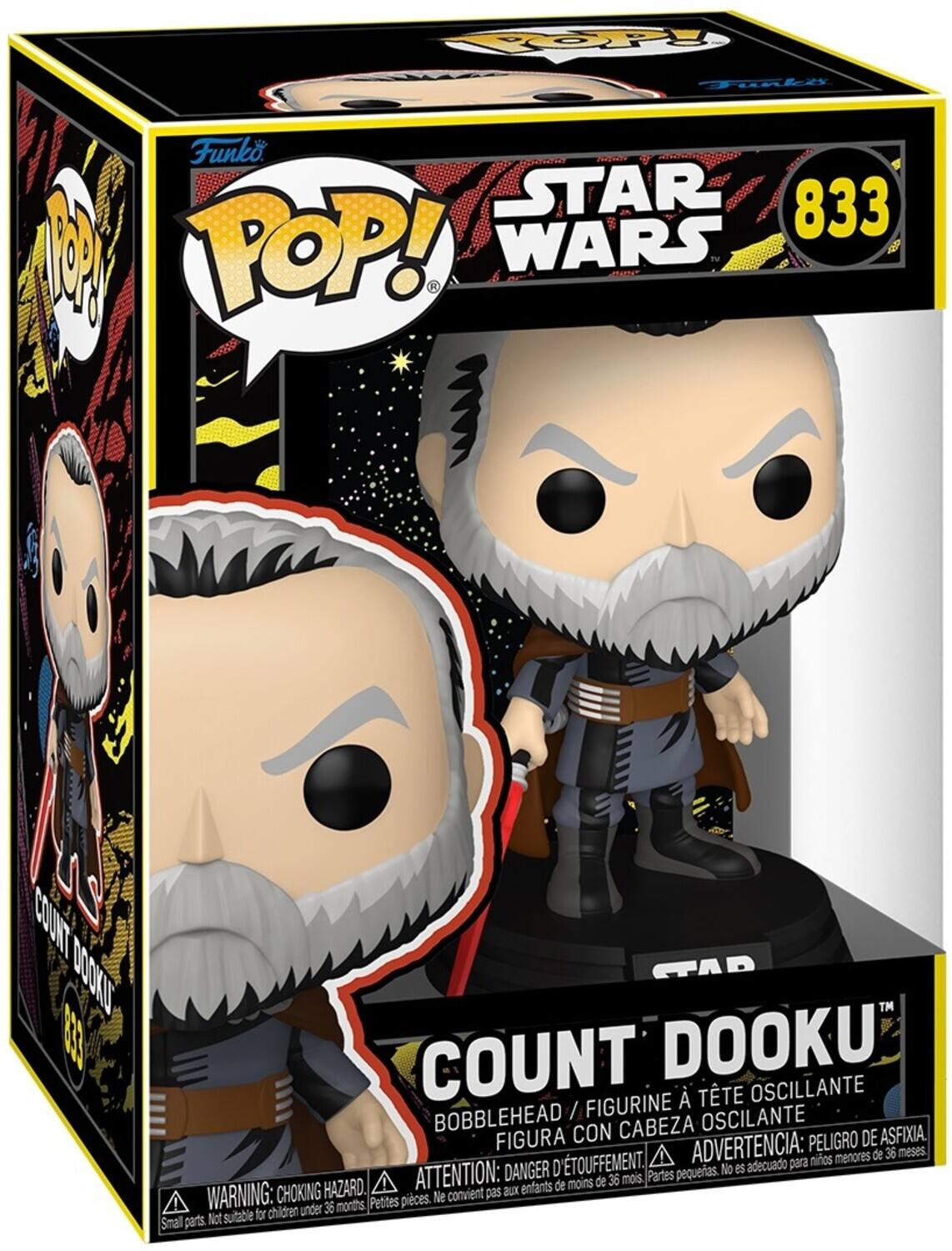 Funko POP!  
STAR WARS  
833  
COUNT DOOKU  

BOBBLEHEAD / FIGURINE À TÊTE OSCILLANTE / FIGURA CON CABEZA OSCILANTE  

WARNING: CHOKING HAZARD. Small parts. Not suitable for children under 36 months.  
ADVERTENCIA: PELIGRO DE ASFIXIA. Partes pequeñas. No es adecuado para niños menores de 36 meses.  
ATTENTION: DANGER D'ÉTOUFFEMENT. Petites pièces. Ne convient pas aux enfants de moins de 36 mois.
