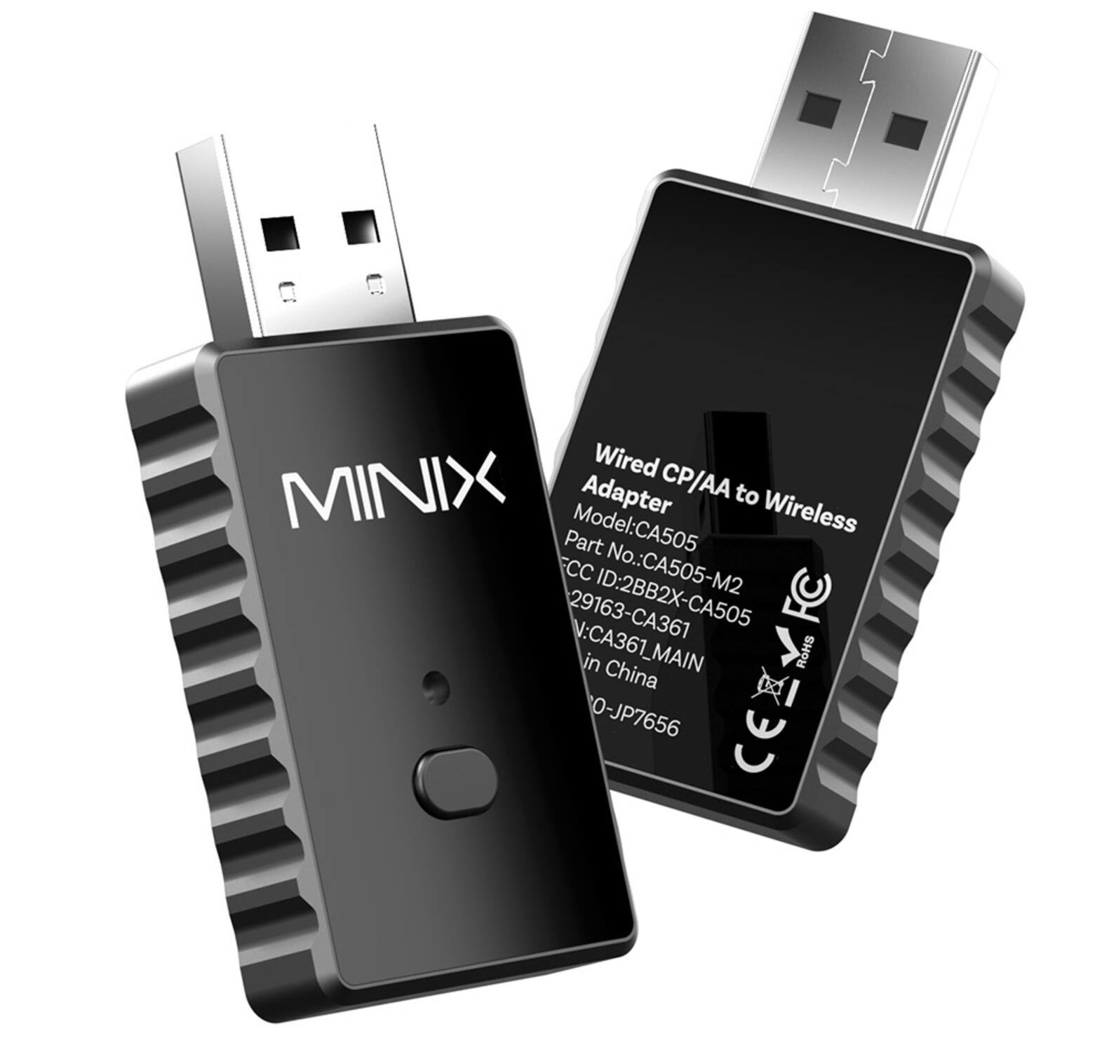 Wired MINIX Adapter CP/AA to Wireless  
Model: CA505  
Part No.: CA505-M2  
FCC ID: 2BB2X-CA505  
CQC ID: 29163-CA361  
V: CA361_MAIN  
Made in China  
ROHS 0-JP7656  
CE