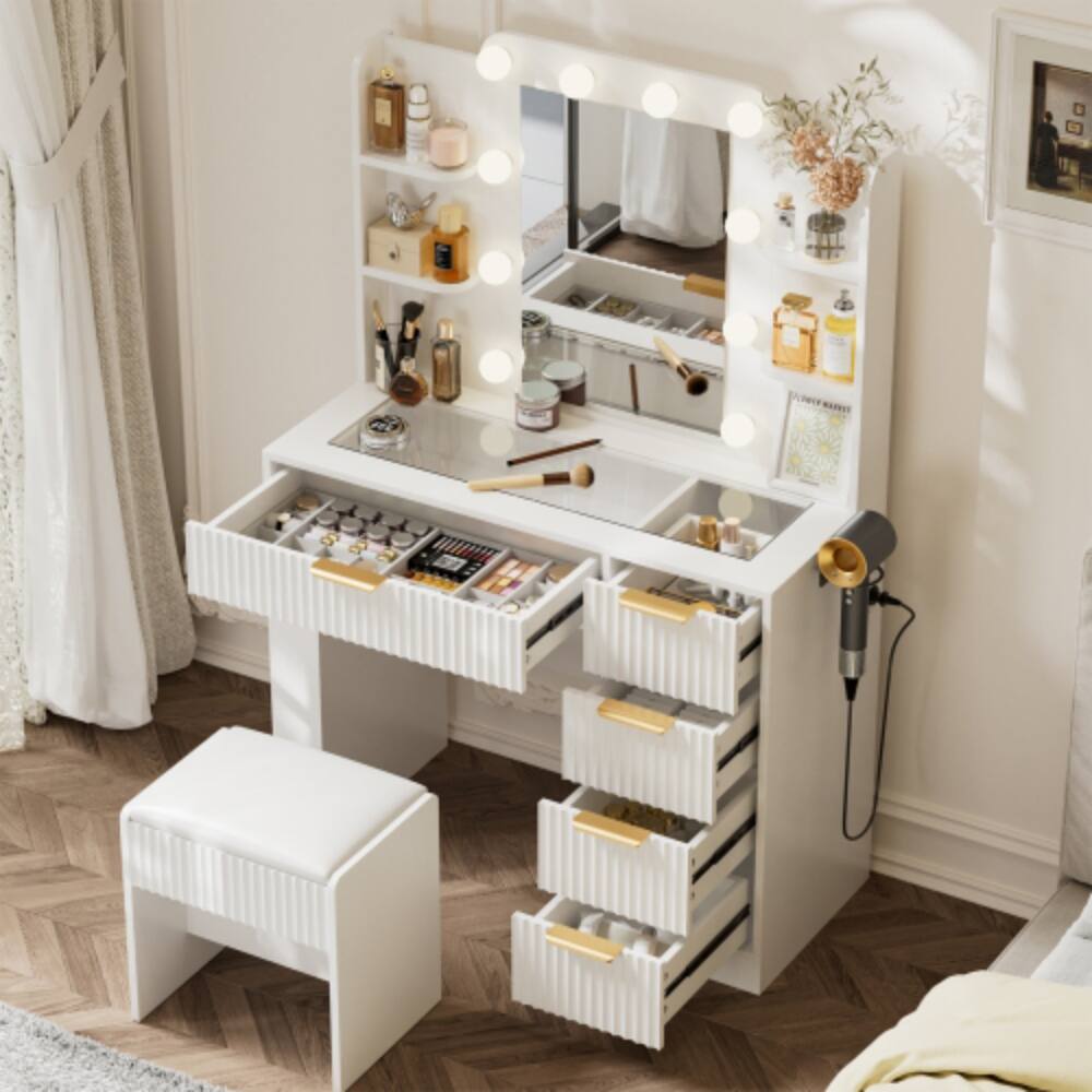 Back. LUCKY ONE - Vanity Set with 10-Light LED Mirror, Charging Station, 5 Drawers, Storage Stool and Transparent Top - White.
