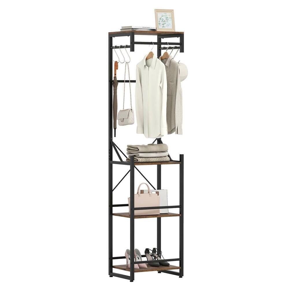 Alt View 1. Kadyn - Freestanding Coat Rack with 4 Storage Shelves & 6 Hooks, Rustic Brown + Black - Brown.