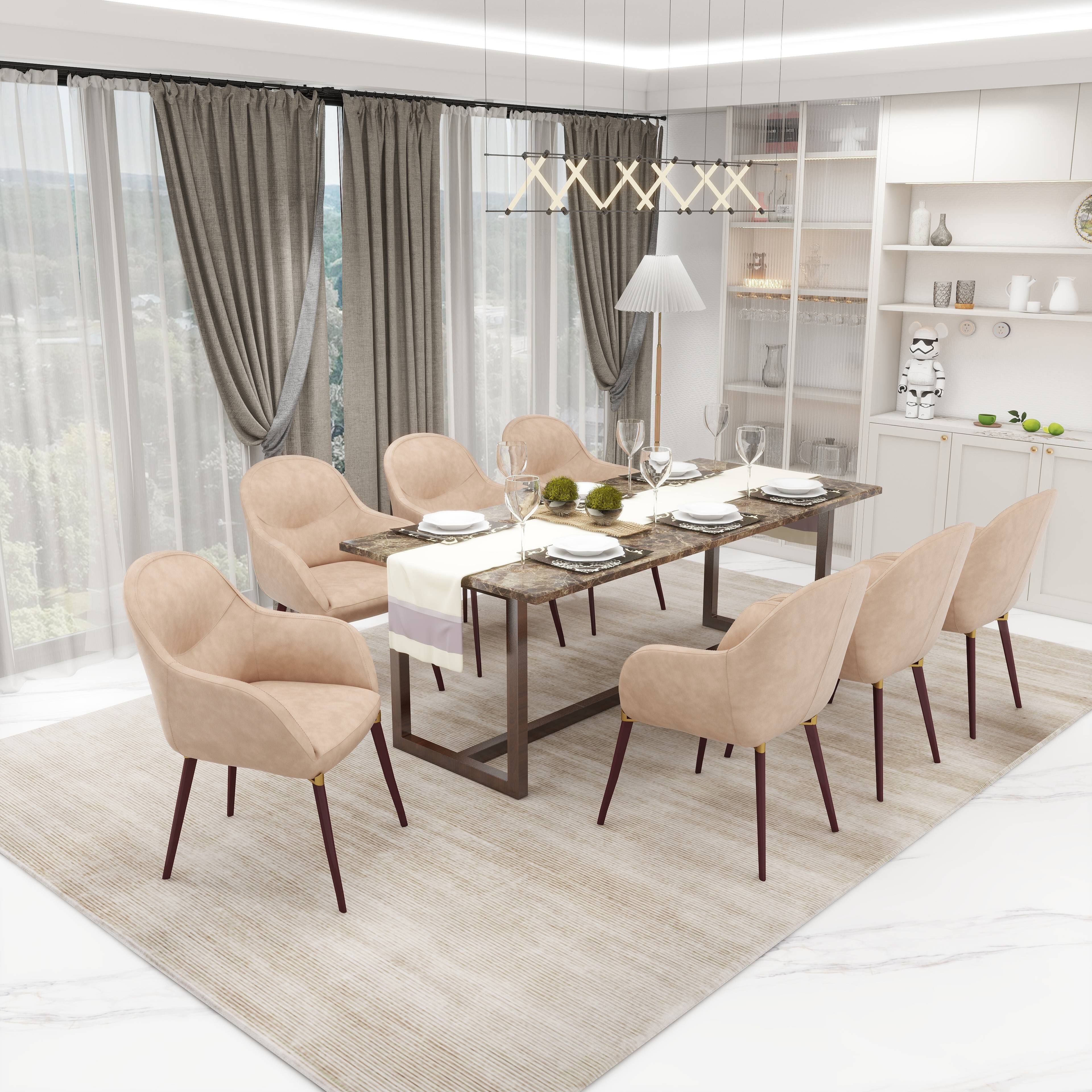Left. LeisureMod - Elias Barrel-Back Dining Armchair, Velvet/Leather Accent Chair with Gold Brackets & Wood-Look Legs - Light Taupe.