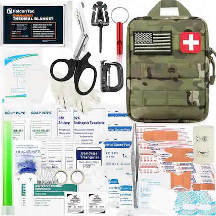 FalconTac EMERGENCY THERMAL BLANKET
- Reflective thermal blanket
- Durable construction
- Waterproof and windproof
- Maximum heat retention
Adhesive Eye Pad
- BenzoSanium Chloride
- For external use
SO.P WIPE SOAP WIPE
- Antiseptic Towlette
- BenzoSanium Chloride
- Cleanse wound
STING RELIEF PAD
- BenzoSanium Chloride
- Cleanse wound
QUICKSAVER
- Alcohol Prep Pad
Bandage Triangular
- 96cm x 16cm x 136cm
ADHESIVE WOUND DRESSING
- Sterile gauze pad
- 5x450cm Elastic Bandage
- 5x450cm Elastic Bandage
- Always be prepared for any emergency with this comprehensive first aid kit.