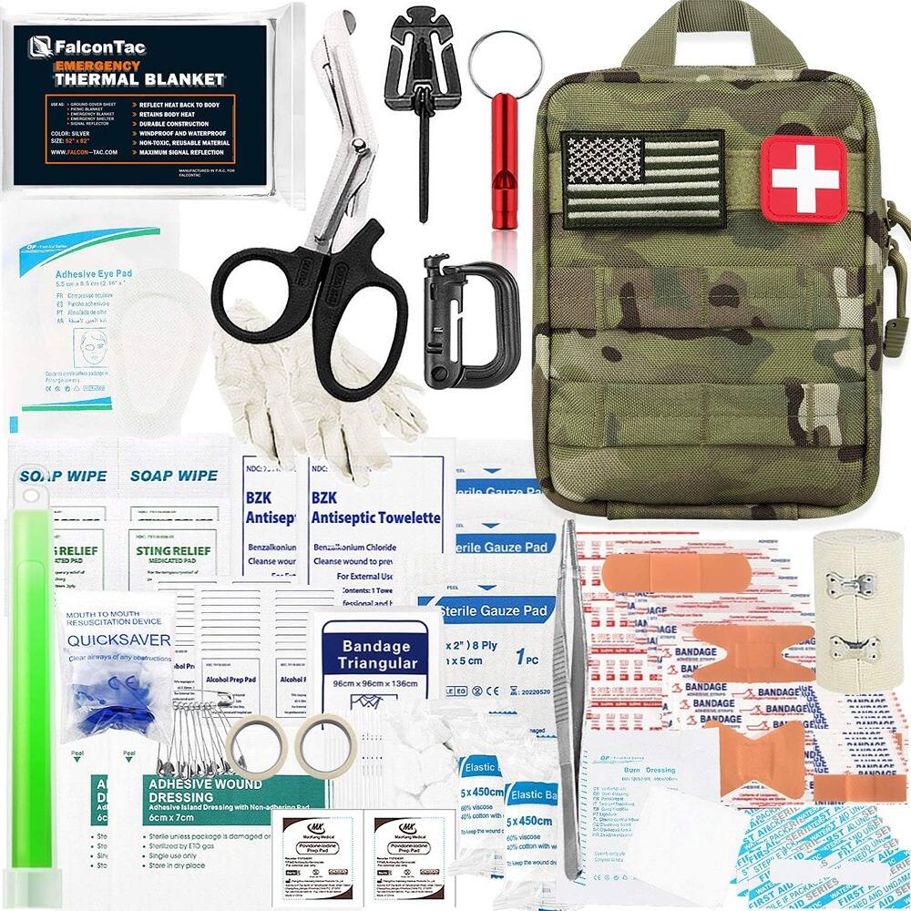 FalconTac EMERGENCY THERMAL BLANKET  
- Reflective thermal blanket  
- Durable construction  
- Waterproof and windproof  
- Maximum heat retention  

Adhesive Eye Pad  
- BenzoSanium Chloride  
- For external use  

SO.P WIPE SOAP WIPE  
- Antiseptic Towlette  
- BenzoSanium Chloride  
- Cleanse wound  

STING RELIEF PAD  
- BenzoSanium Chloride  
- Cleanse wound  

QUICKSAVER  
- Alcohol Prep Pad  

Bandage Triangular  
- 96cm x 16cm x 136cm  

ADHESIVE WOUND DRESSING  
- Sterile gauze pad  
- 5x450cm Elastic Bandage  
- 5x450cm Elastic Bandage  

- Always be prepared for any emergency with this comprehensive first aid kit.
