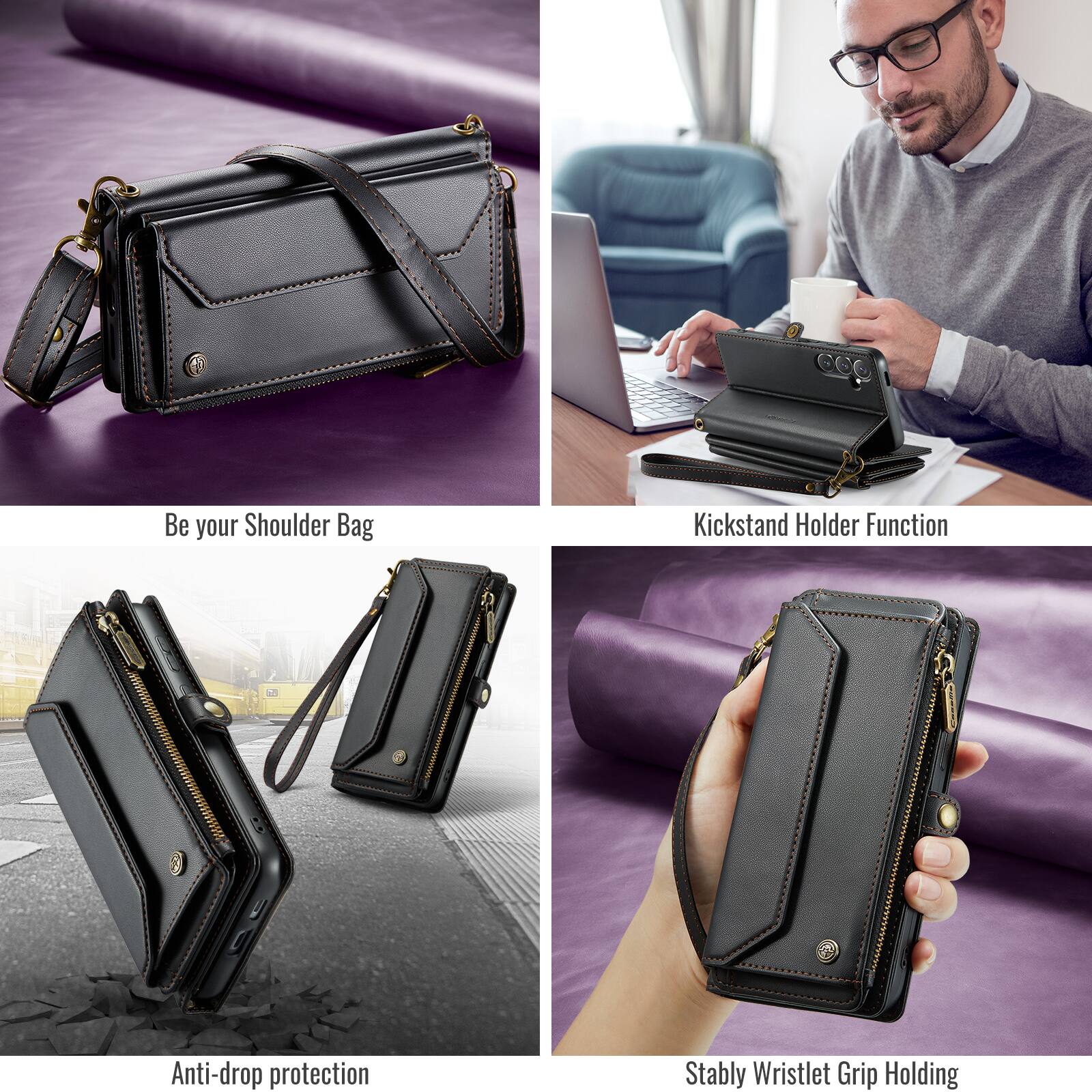 Be your Shoulder Bag  
Kickstand Holder Function  
Anti-drop protection  
Stably Wristlet Grip Holding
