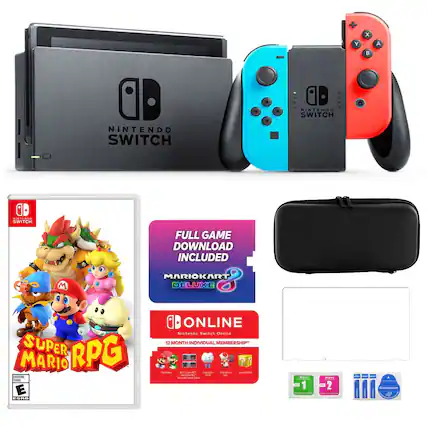 Nintendo Switch with Mario Kart Deluxe and Super RPG Mario RPG included. Full game download included. Nintendo Switch online individual membership for 12 months.