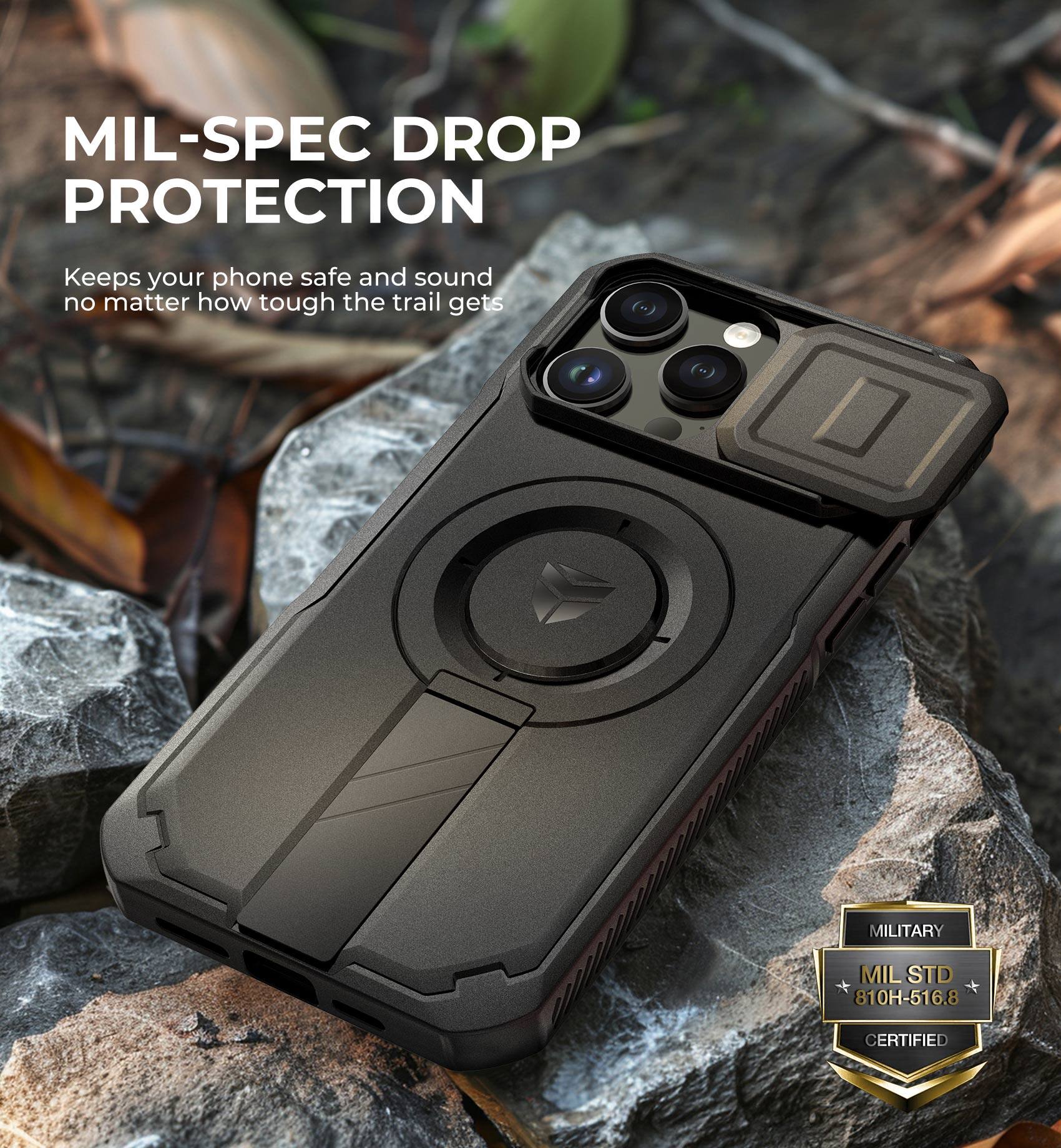 MIL-SPEC DROP PROTECTION  
Keeps your phone safe and sound no matter how tough the trail gets  

MILITARY  
MIL STD 810H-516.8 CERTIFIED