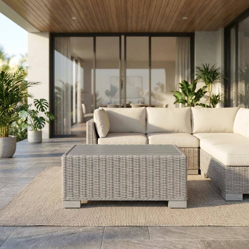 Angle. Outdoor Escape - Outdoor Wicker Rattan Coffee Table, Weather-Resistant Finish For Patio Lounge - Gray.