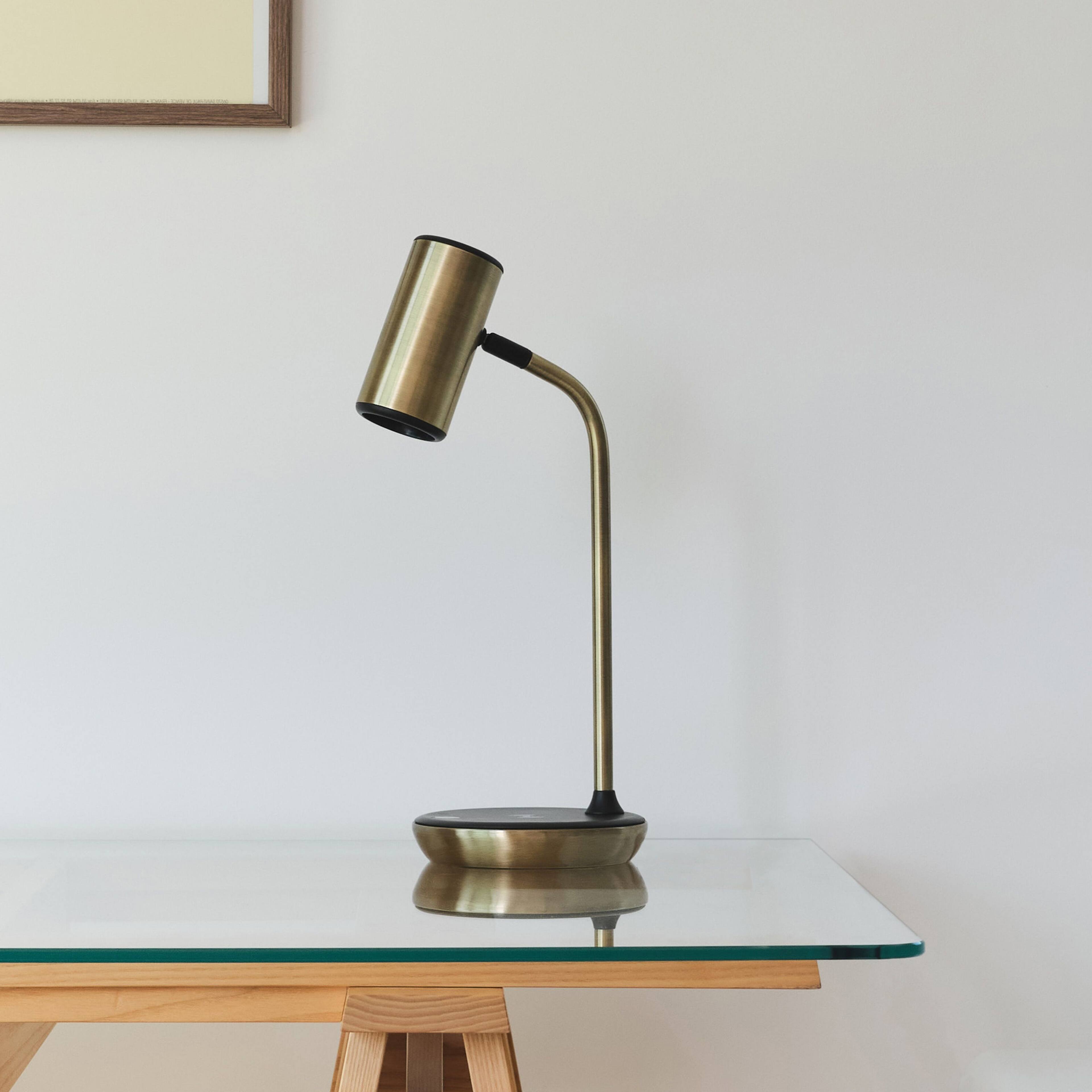 Alt View 6. Brightech - Ezra LED Modern Industrial Arc Dimmable Bedside Nightstand Desk Lamp with Wireless Charging Pad - Antiqued Brass.