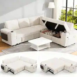 Dyonery - 85" Modular 5 Seat L Shaped Couch with Reclining Backrest|USB Ports|Cup Holders|Side Table|Storage Chaise Armrests - Beige