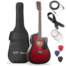 Jameson Guitars - Thinline Cutaway Acoustic Electric Guitar with Gig Bag - Right Handed - Red
