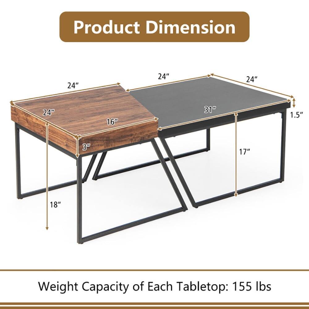 Product Dimension  
24" x 24" x 16" x 31" x 1.5" x 3" x 17" x 18"  
Weight Capacity of Each Tabletop: 155 lbs