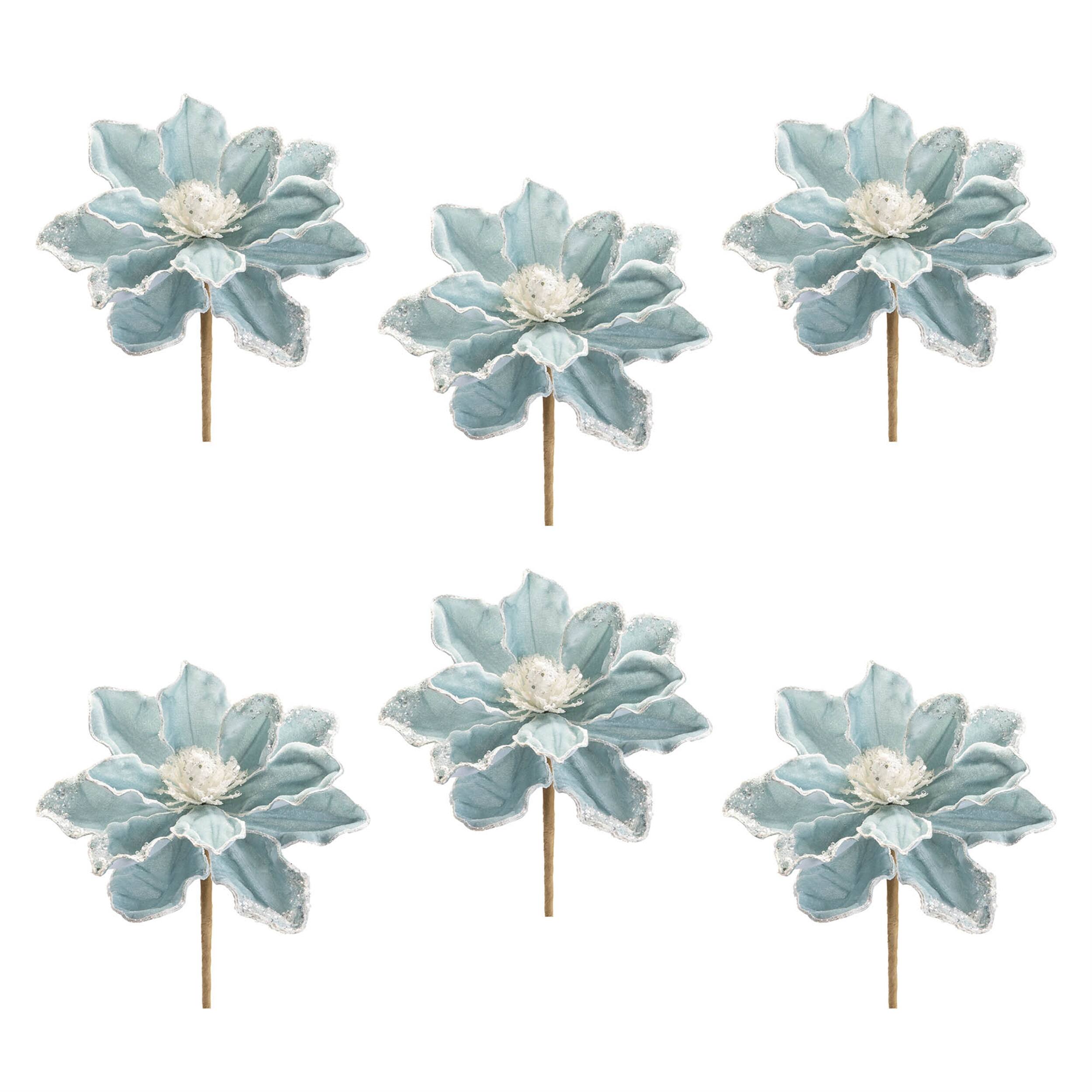 Left. BreeBe - Beaded Magnolia Flower Stem (Set of 6) - Blue.