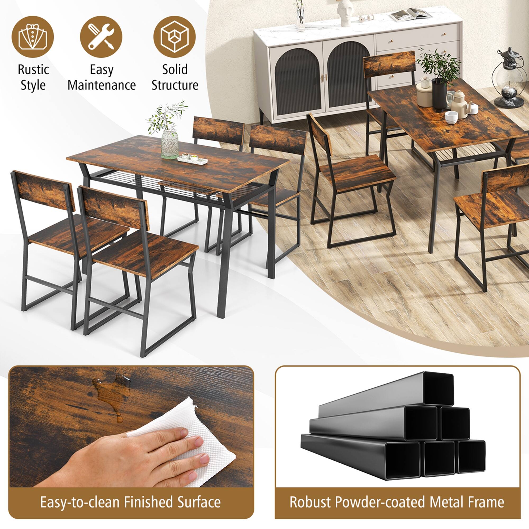 The image features a dining table and chairs set with a wooden table and black metal chairs. The table and chairs are arranged in a way that they can be easily cleaned and maintained. The table is made of a robust powder-coated metal frame, and the chairs are designed with an easy-to-clean finished surface. The overall style of the table and chairs is rustic and solid, providing a comfortable and durable dining experience.