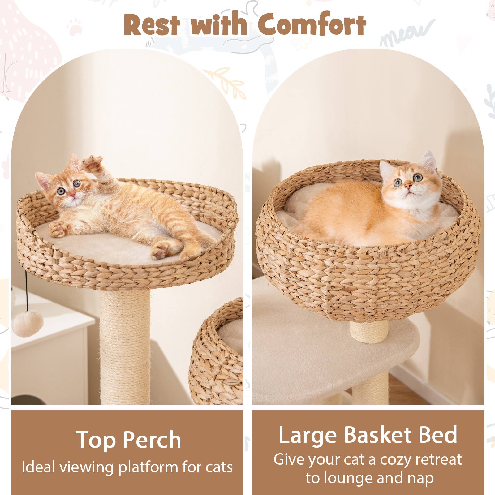 Rest with Comfort

Top Perch  
Ideal viewing platform for cats

Large Basket Bed  
Give your cat a cozy retreat to lounge and nap