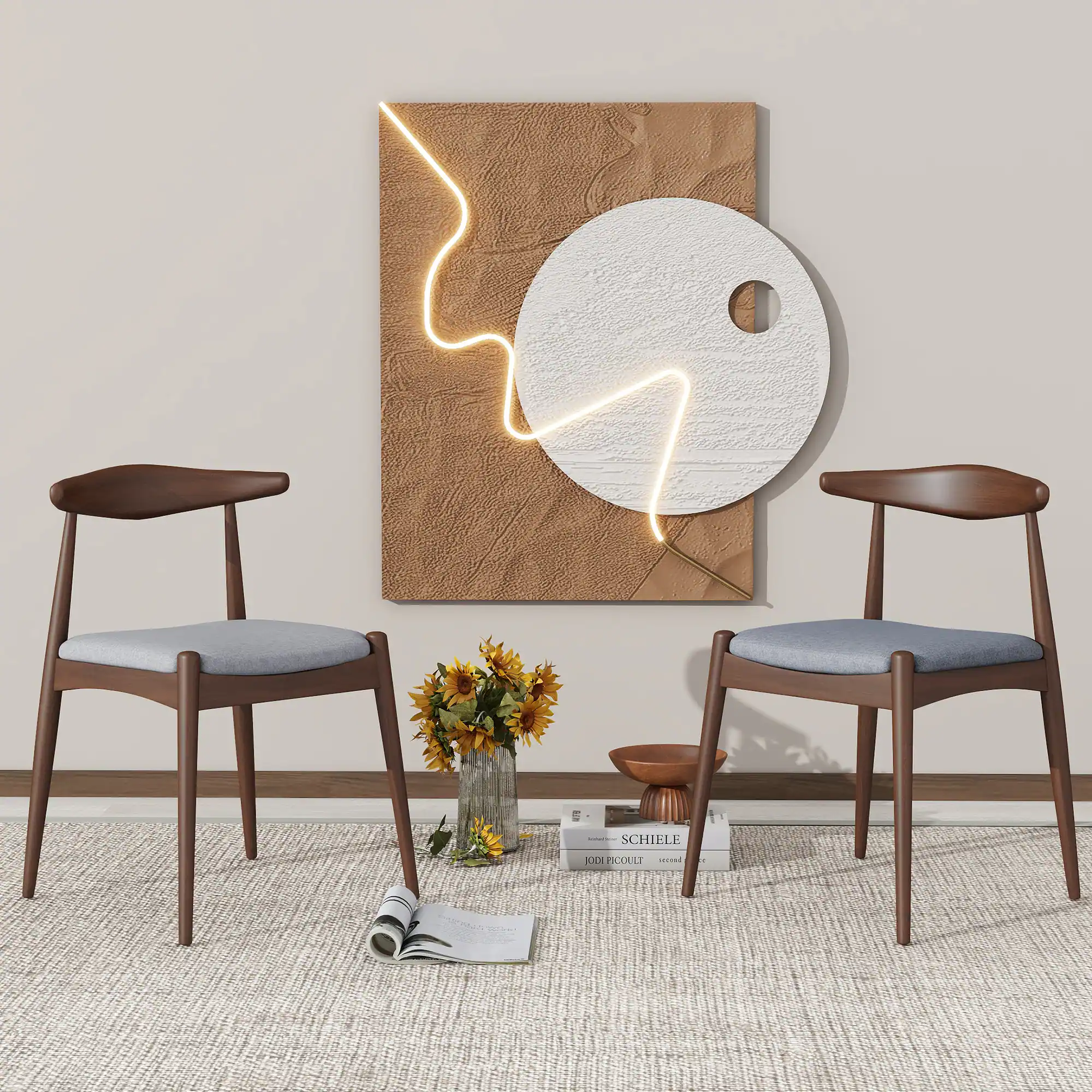 Lirago - 20 Inch Rubberwood Dining Chairs Set of 2 Finish with Upholstery Ergonomic Backrest Comfort Cushions - Light Gray,Walnut