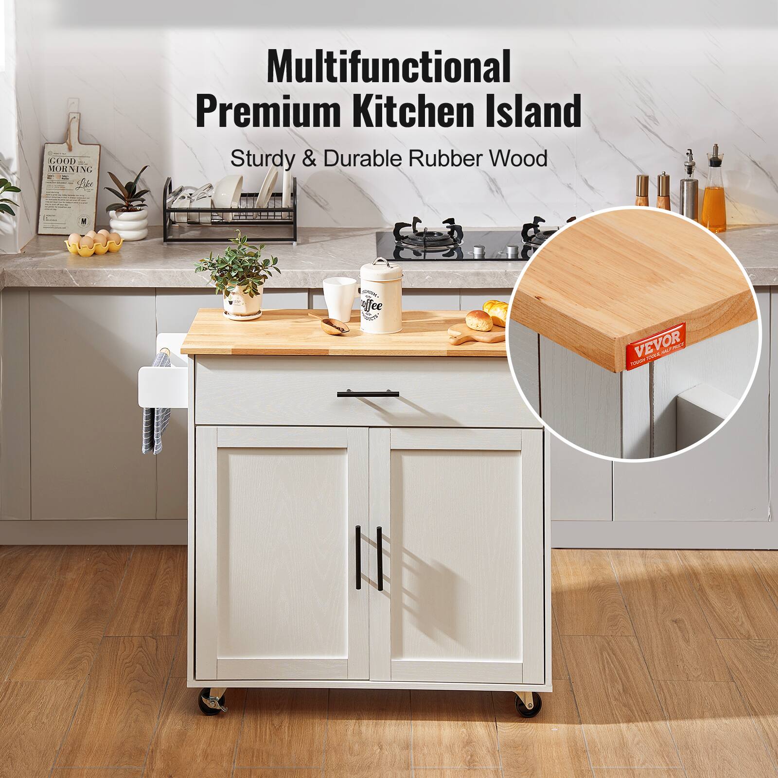 Multifunctional Premium Kitchen Island
Sturdy & Durable Rubber Wood
VEVOR