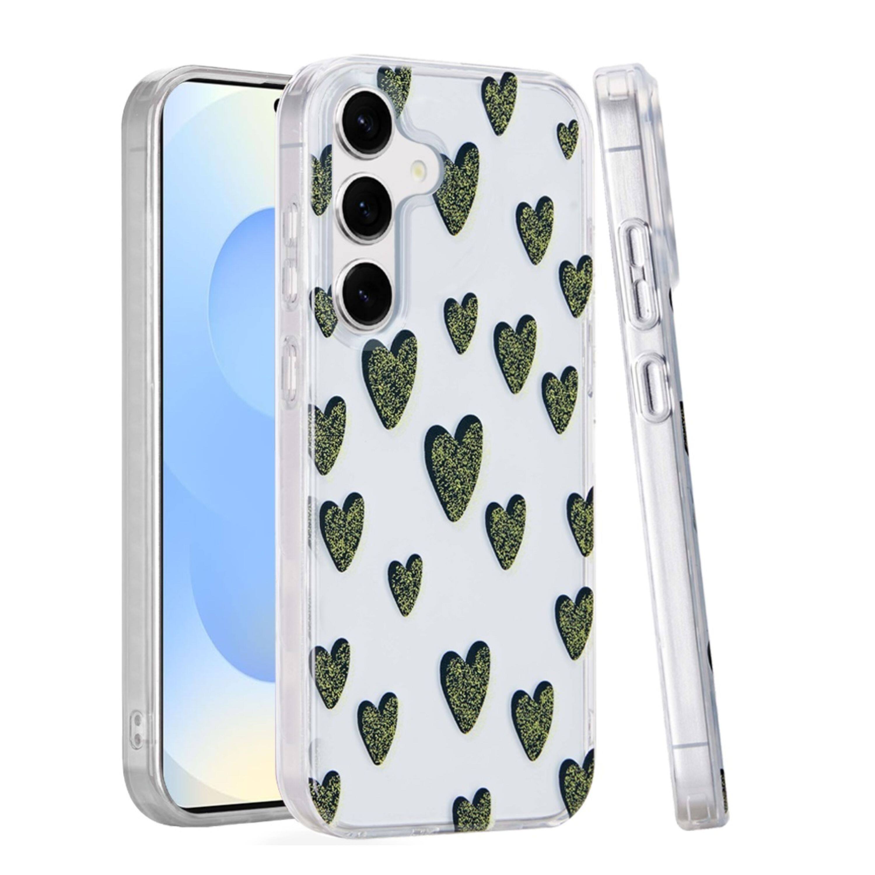 Angle. Kitcheniva - Layer In Mold Design TPU Case With Tempered Glass For Samsung S25/S24 Black Hearts - Black Hearts.