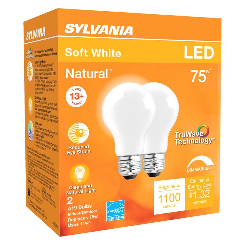 SYLVANIA
Soft White Natural
LED
75W*
TruWave Technology™
DIMMABLE+++
LASTS 13+ YEARS*
Reduced Eye Strain
Clean and Natural Light
2 A19 Bulbs
Indoor/Outdoor*
Replaces 75W
Uses 11W*
Brightness
1100 lumens
Estimated Energy Cost
$1.32 per year
ENERGY STAR
www.bjara.com
*Based on 3 hours/day use.
**Dimmable with compatible dimmers.
***Based on 3 hours/day use.