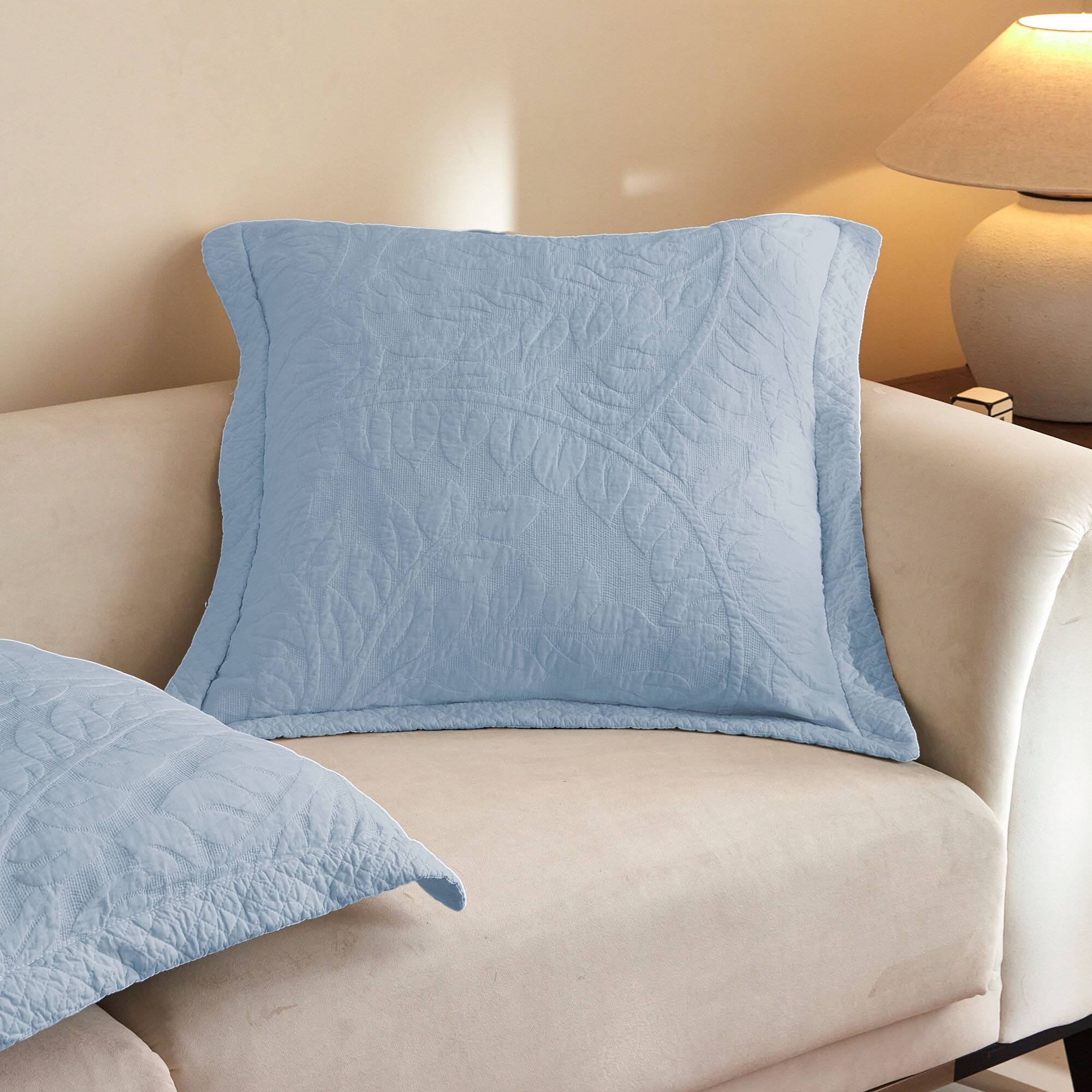 Back. MarCielo - 100% Cotton Embroidered Quilted Pillow Shams Set of 2, 26"x26" Euro Size - Light Blue.